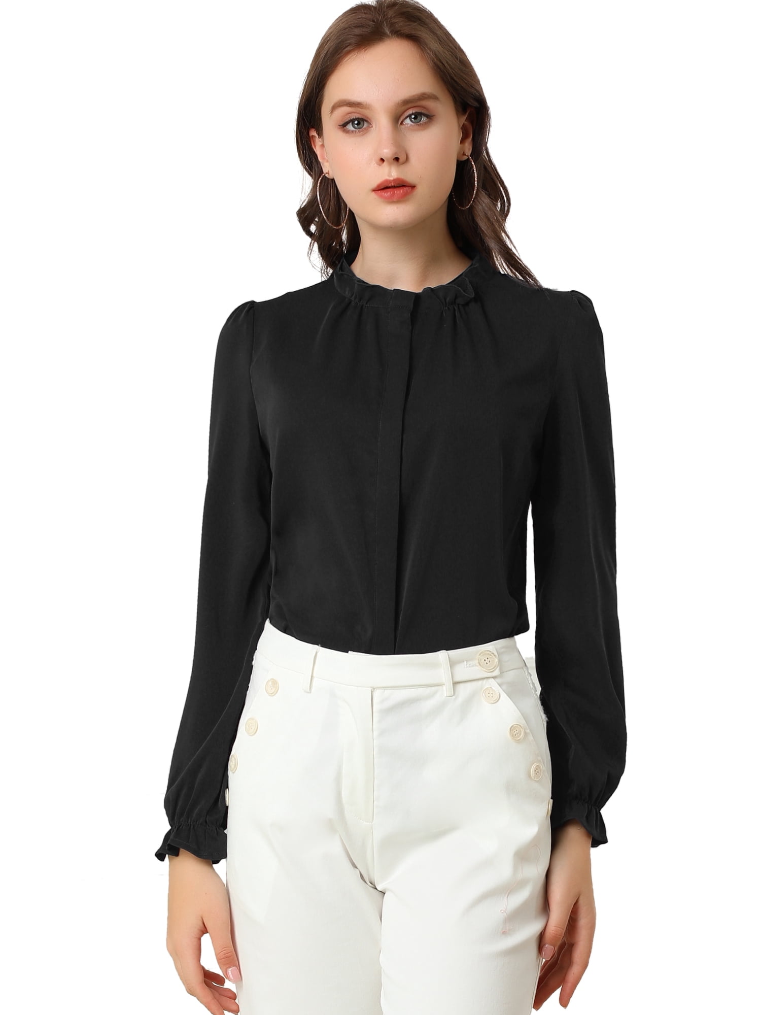 DARING DIVA Women's Chiffon Stand Collar Ruffled Trim Work Blouse S Black