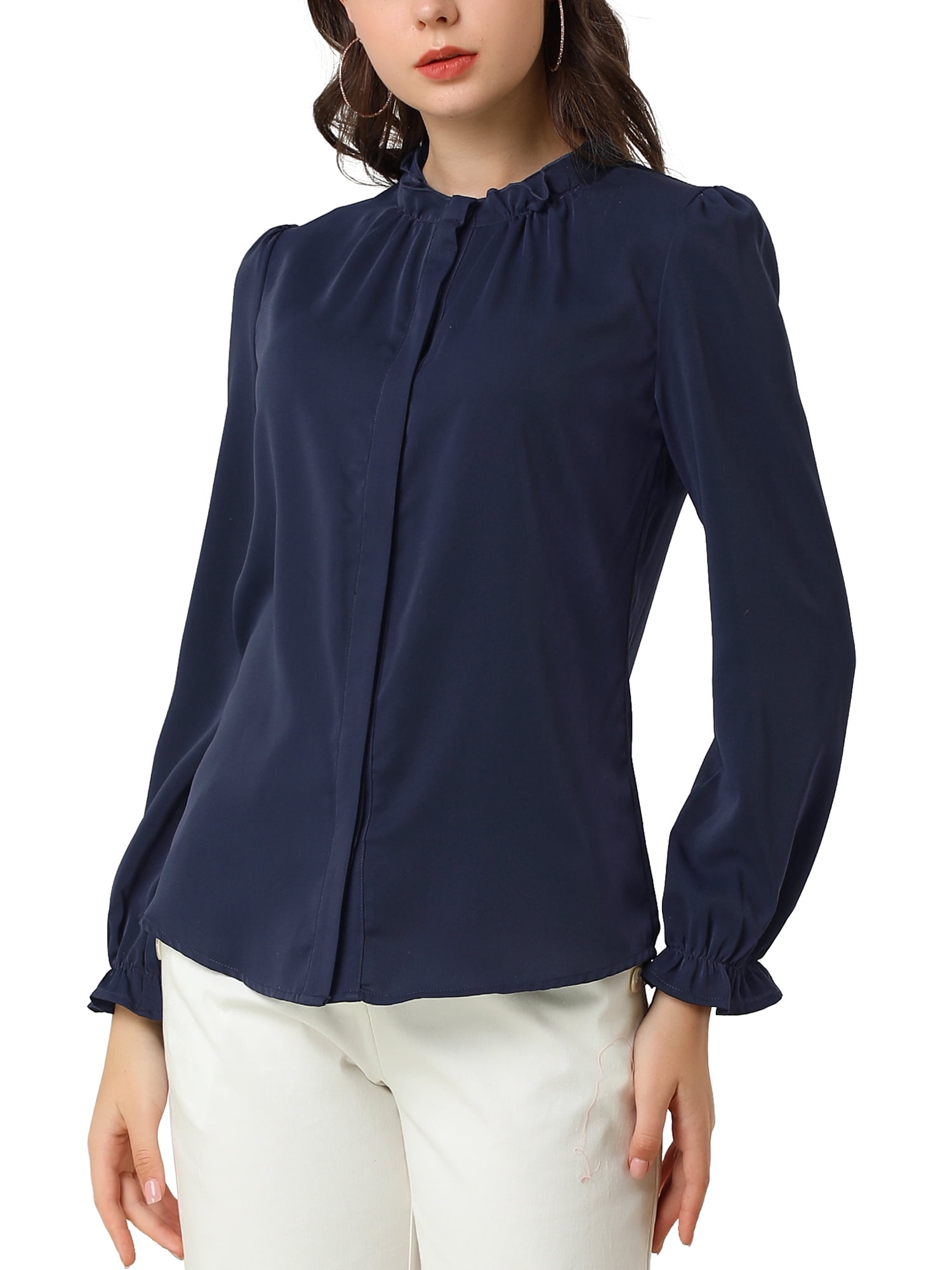DARING DIVA Women's Chiffon Stand Collar Ruffled Trim Work Blouse XL Navy Blue