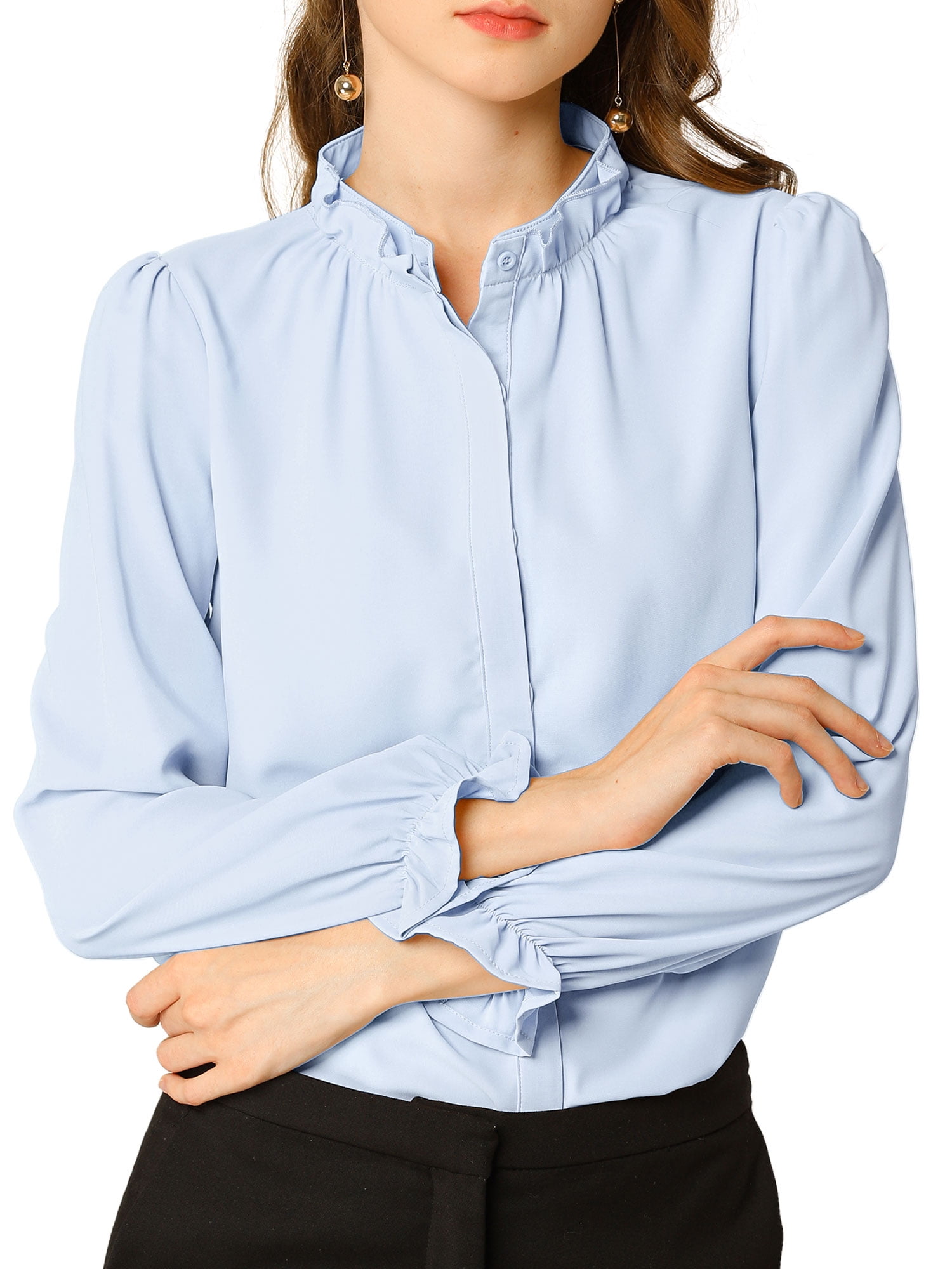 DARING DIVA Women's Chiffon Stand Collar Ruffled Trim Work Blouse XS Light Blue