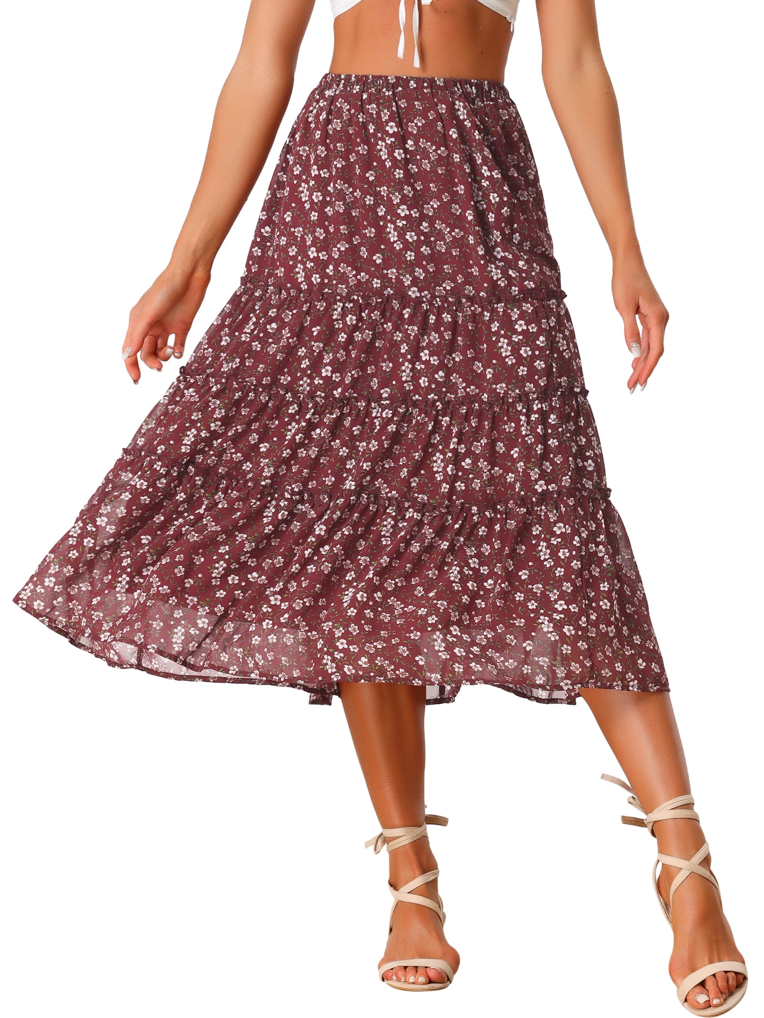 DARING DIVA Women's Chiffon Tiered A-Line Maxi Skirt 2XL Brown