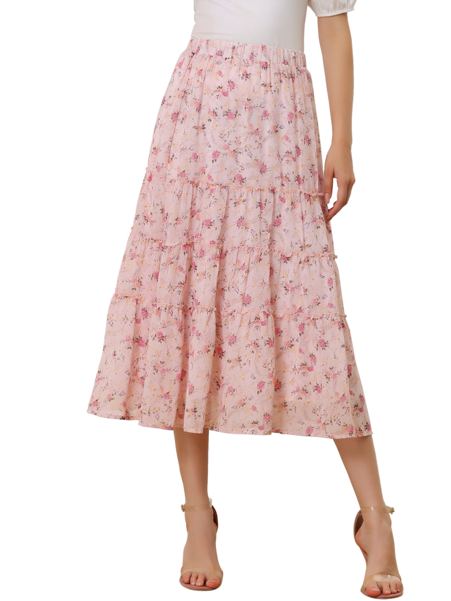 DARING DIVA Women's Chiffon Tiered A-Line Maxi Skirt 2XL Pink
