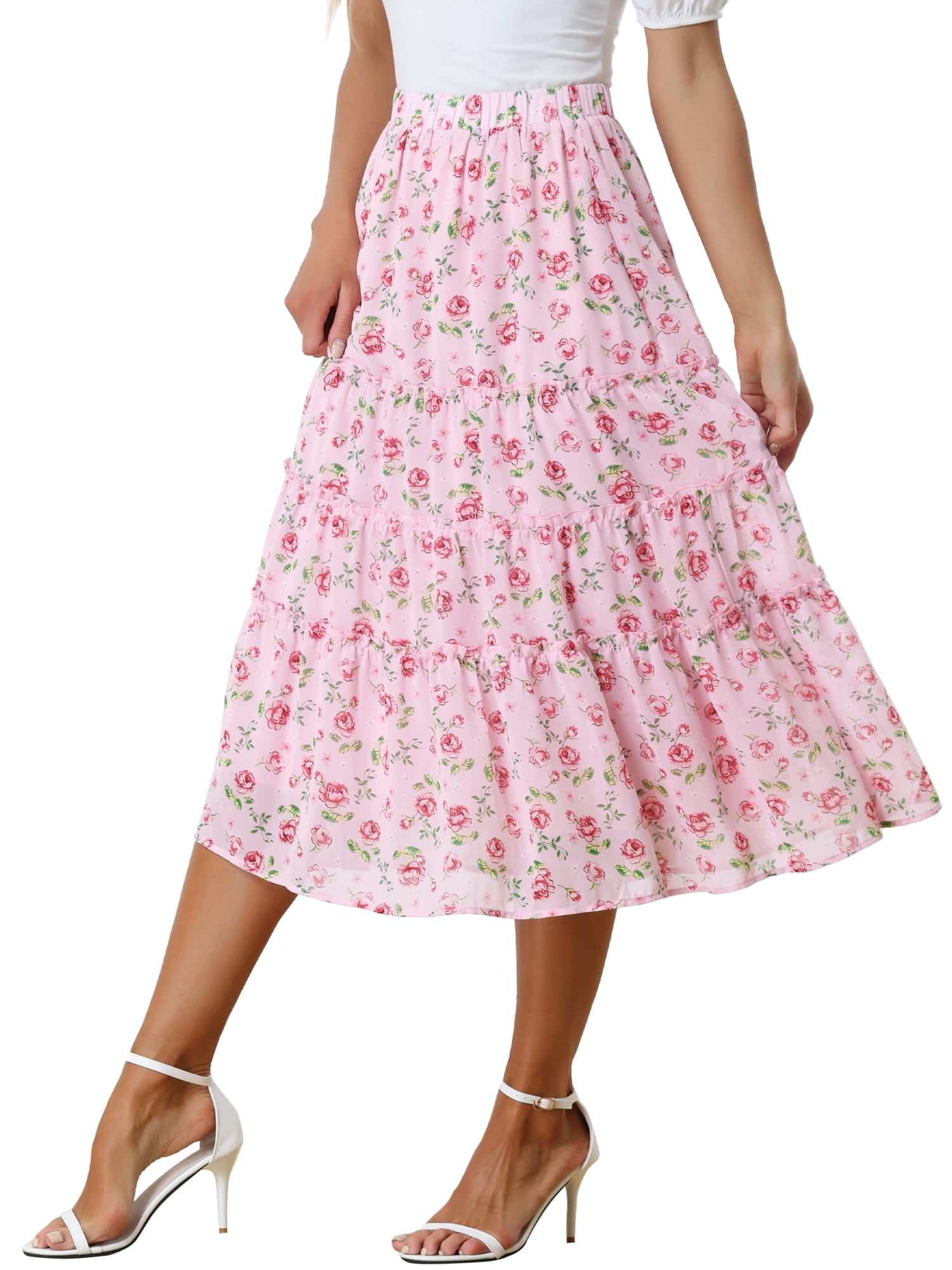 DARING DIVA Women's Chiffon Tiered A-Line Maxi Skirt 3XL Pink Rose