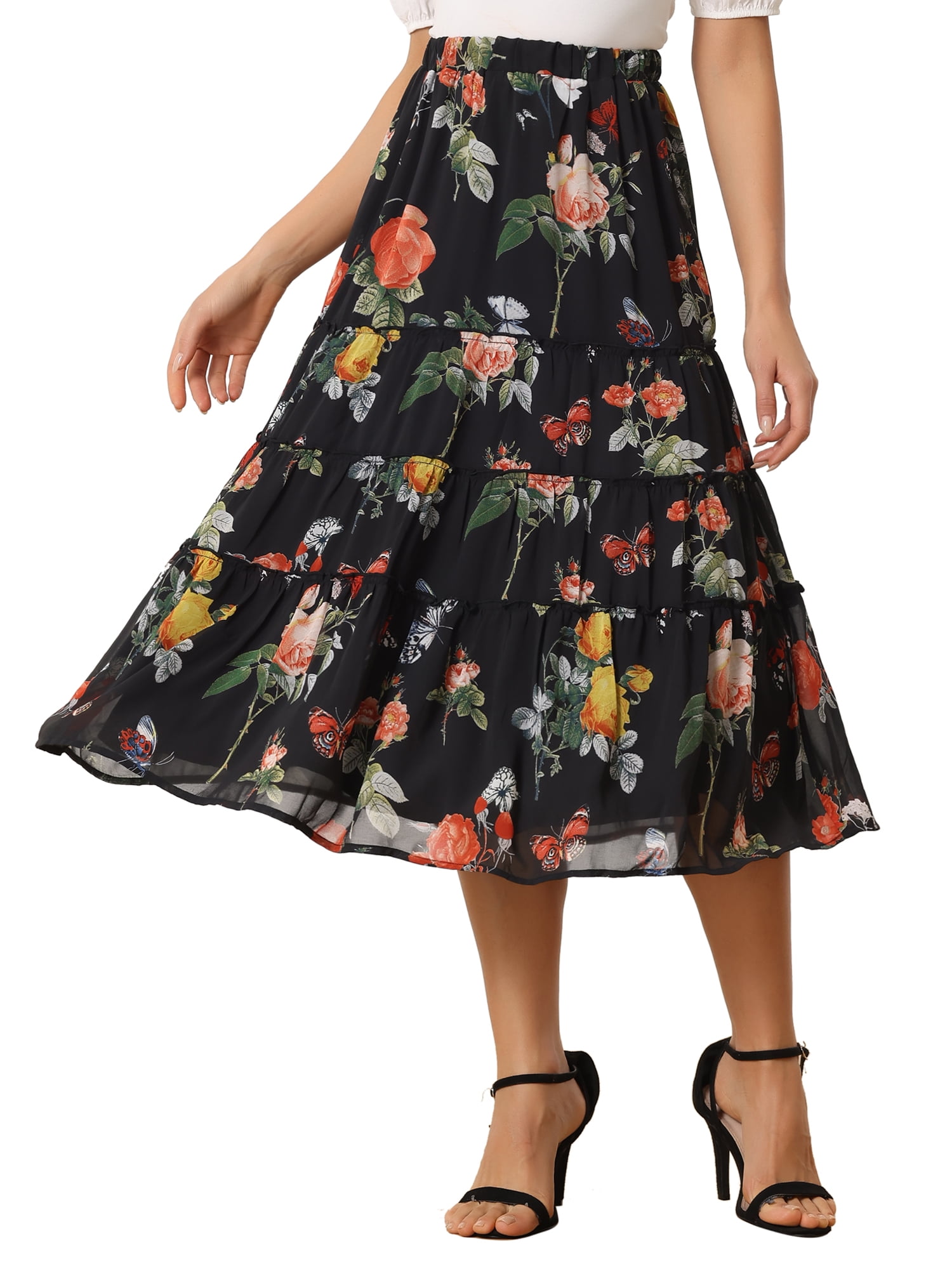 DARING DIVA Women's Chiffon Tiered A-Line Maxi Skirt L Black Pink
