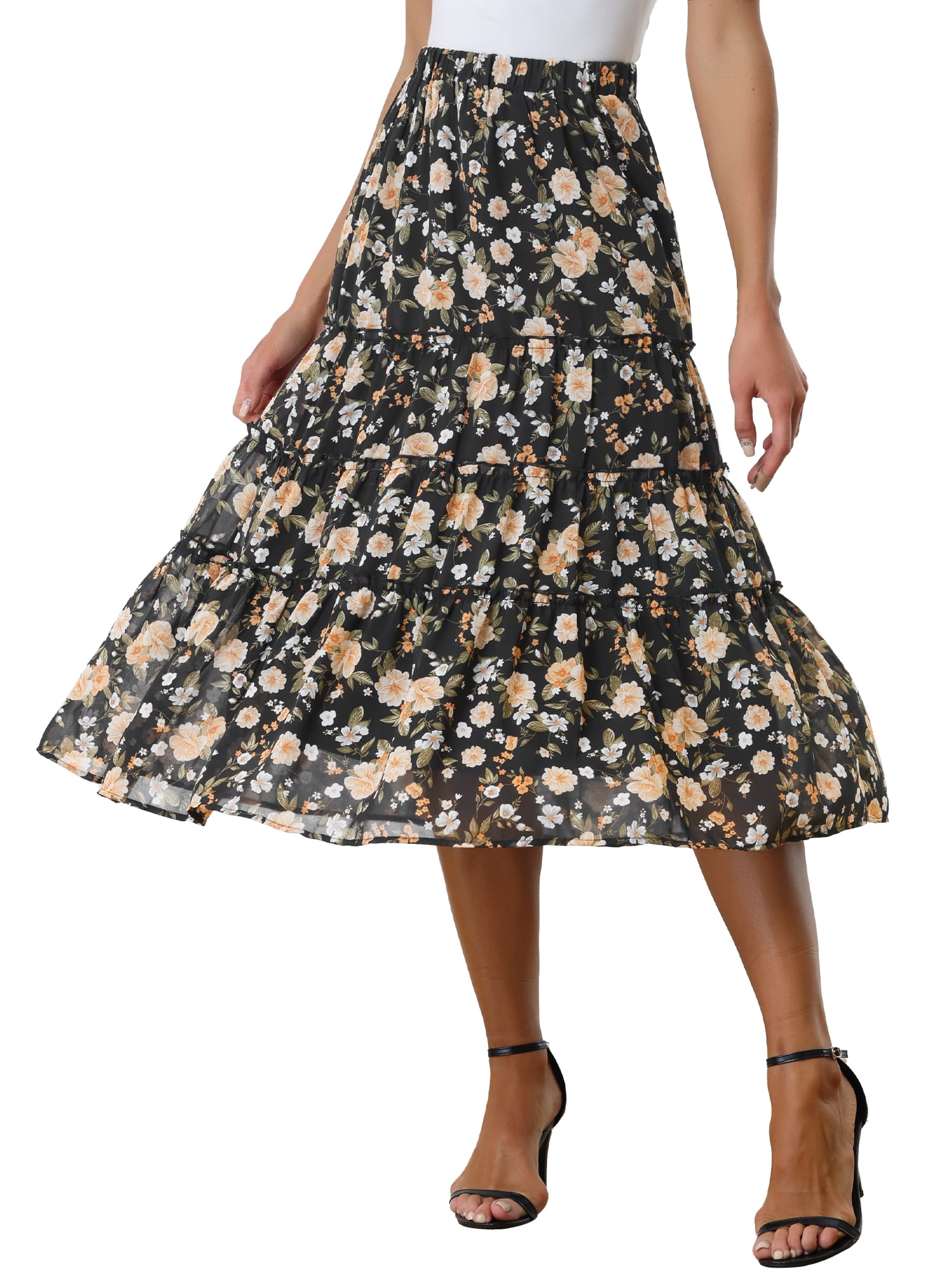 DARING DIVA Women's Chiffon Tiered A-Line Maxi Skirt L Blacks