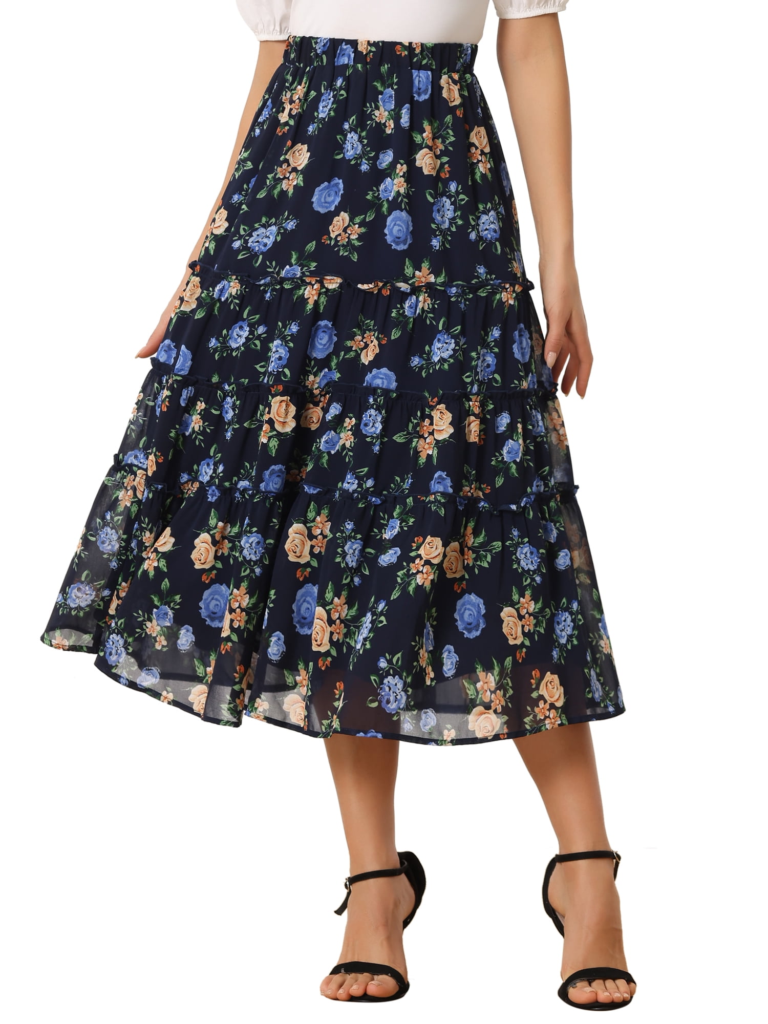 DARING DIVA Women's Chiffon Tiered A-Line Maxi Skirt L Navy