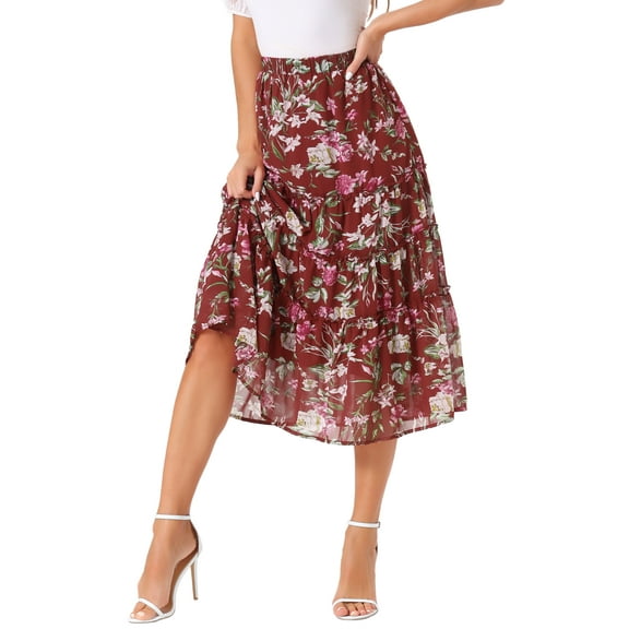 DARING DIVA Women's Chiffon Tiered A-Line Maxi Skirt M Burgundy