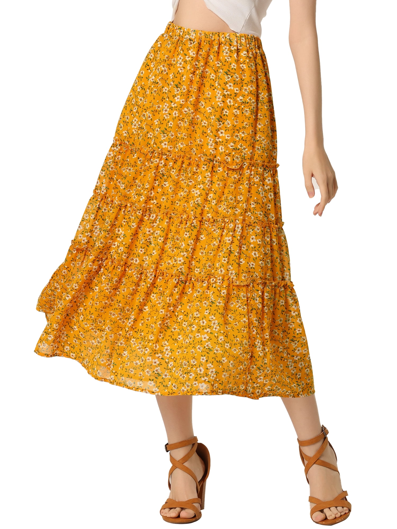 DARING DIVA Women's Chiffon Tiered A-Line Maxi Skirt M Ginger