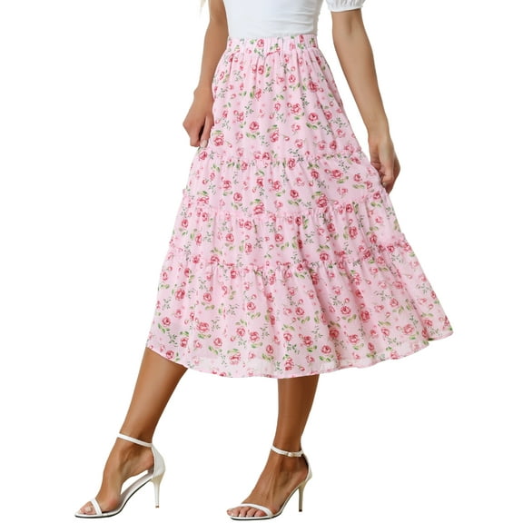 DARING DIVA Women's Chiffon Tiered A-Line Maxi Skirt M Pink Rose