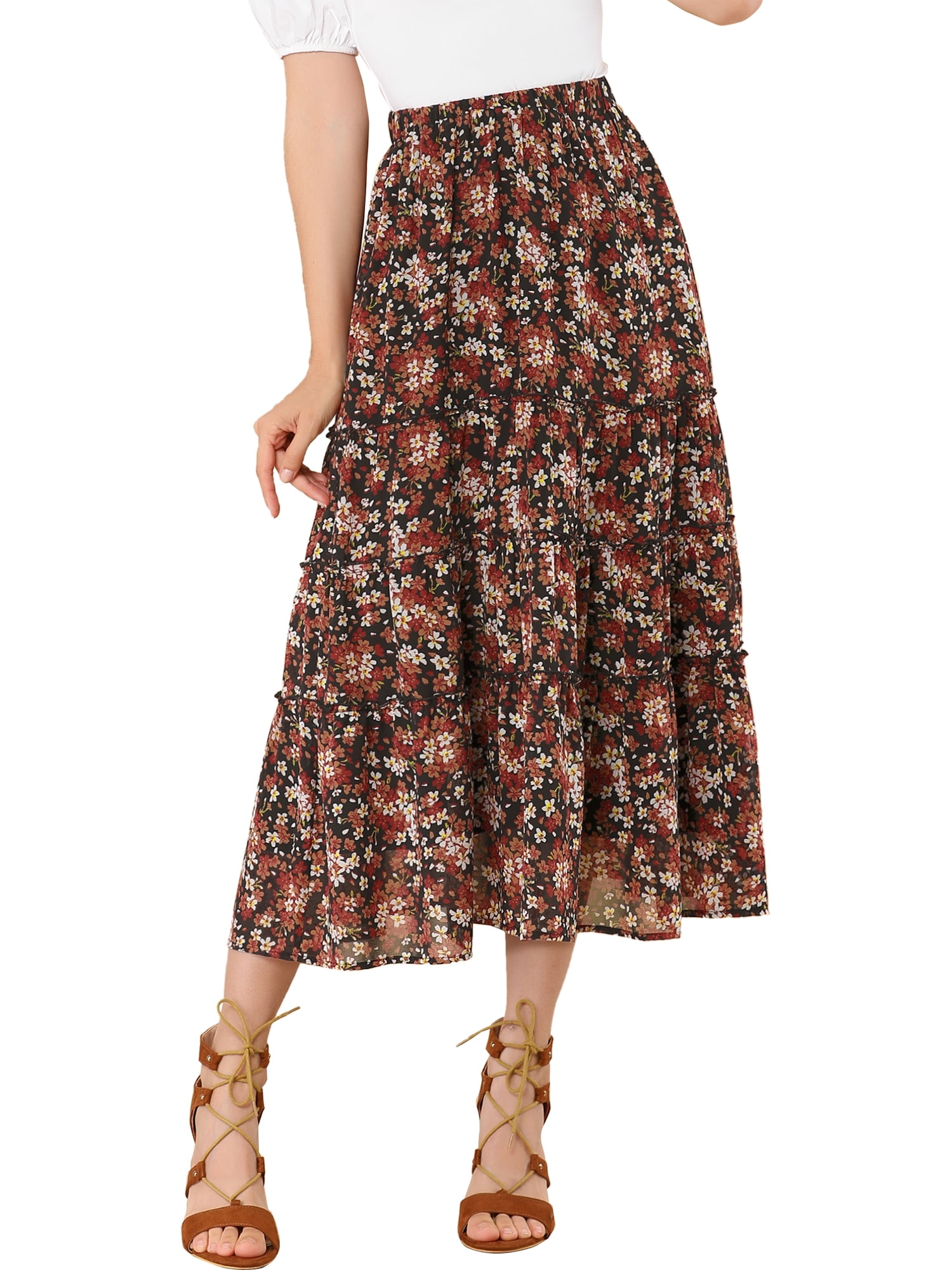 DARING DIVA Women's Chiffon Tiered A-Line Maxi Skirt S Black Red