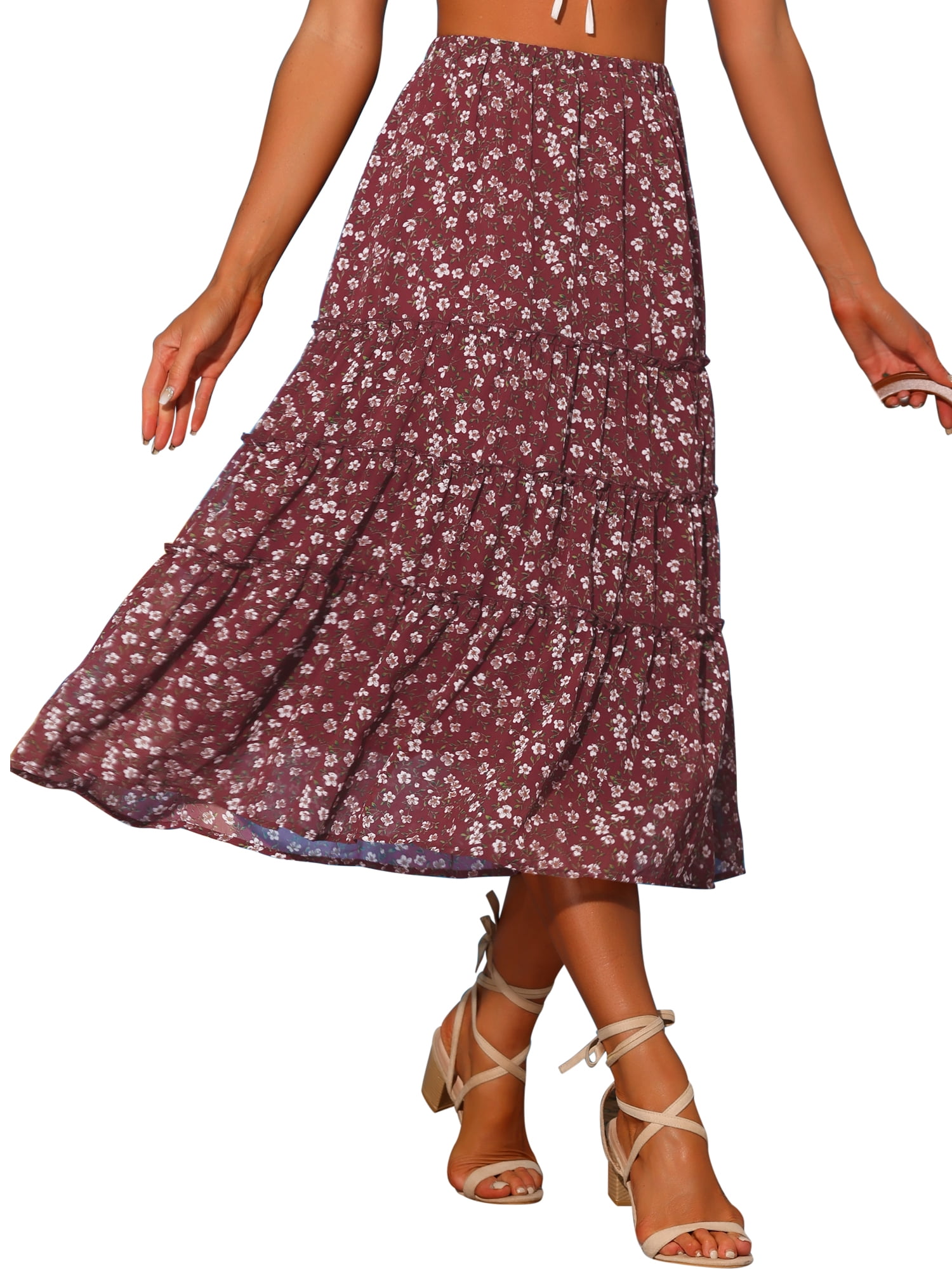 DARING DIVA Women's Chiffon Tiered A-Line Maxi Skirt S Brown