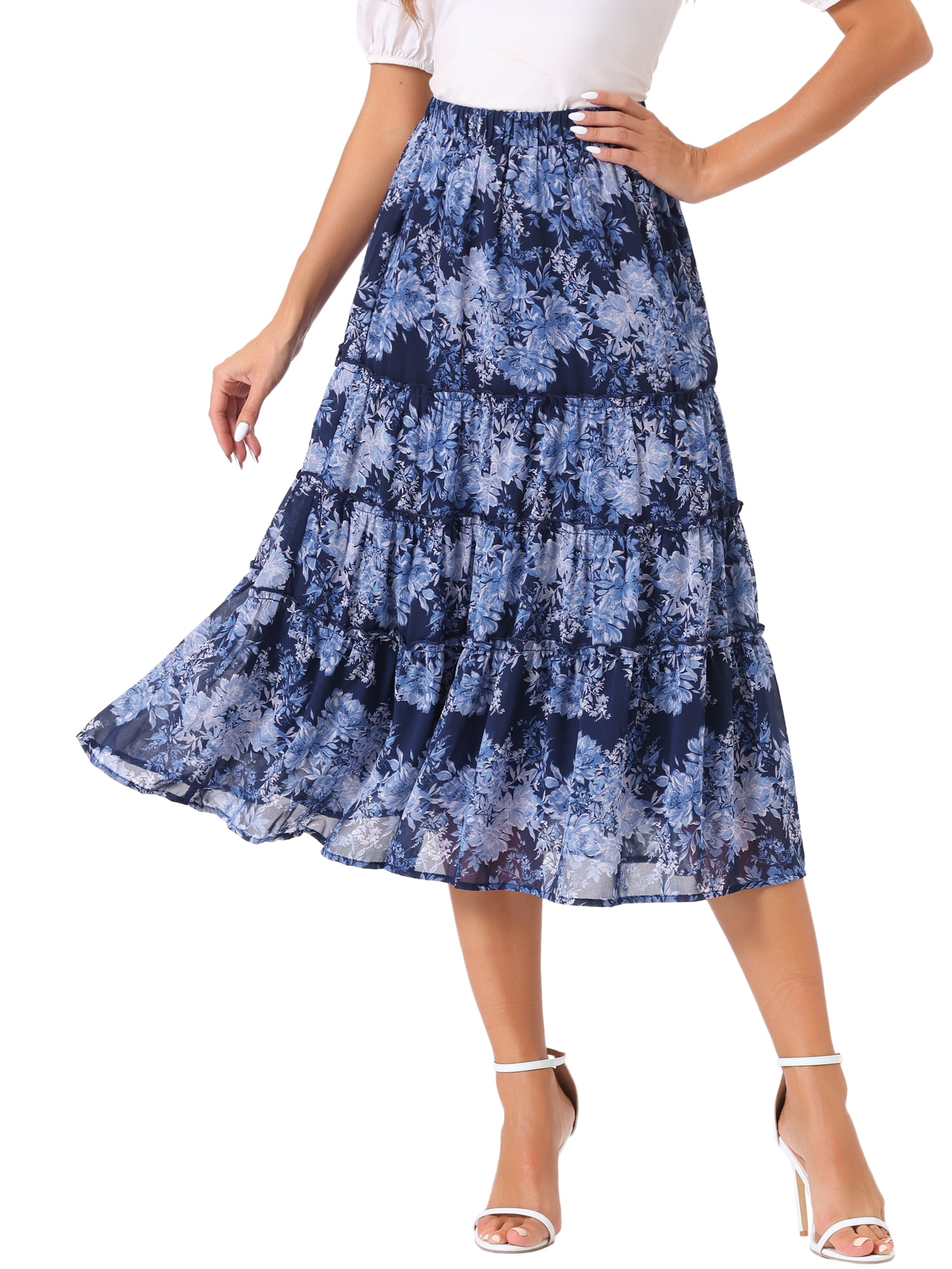 DARING DIVA Women's Chiffon Tiered A-Line Maxi Skirt S Deep Blue