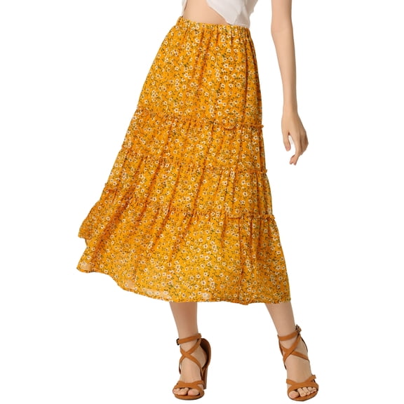 DARING DIVA Women's Chiffon Tiered A-Line Maxi Skirt S Ginger
