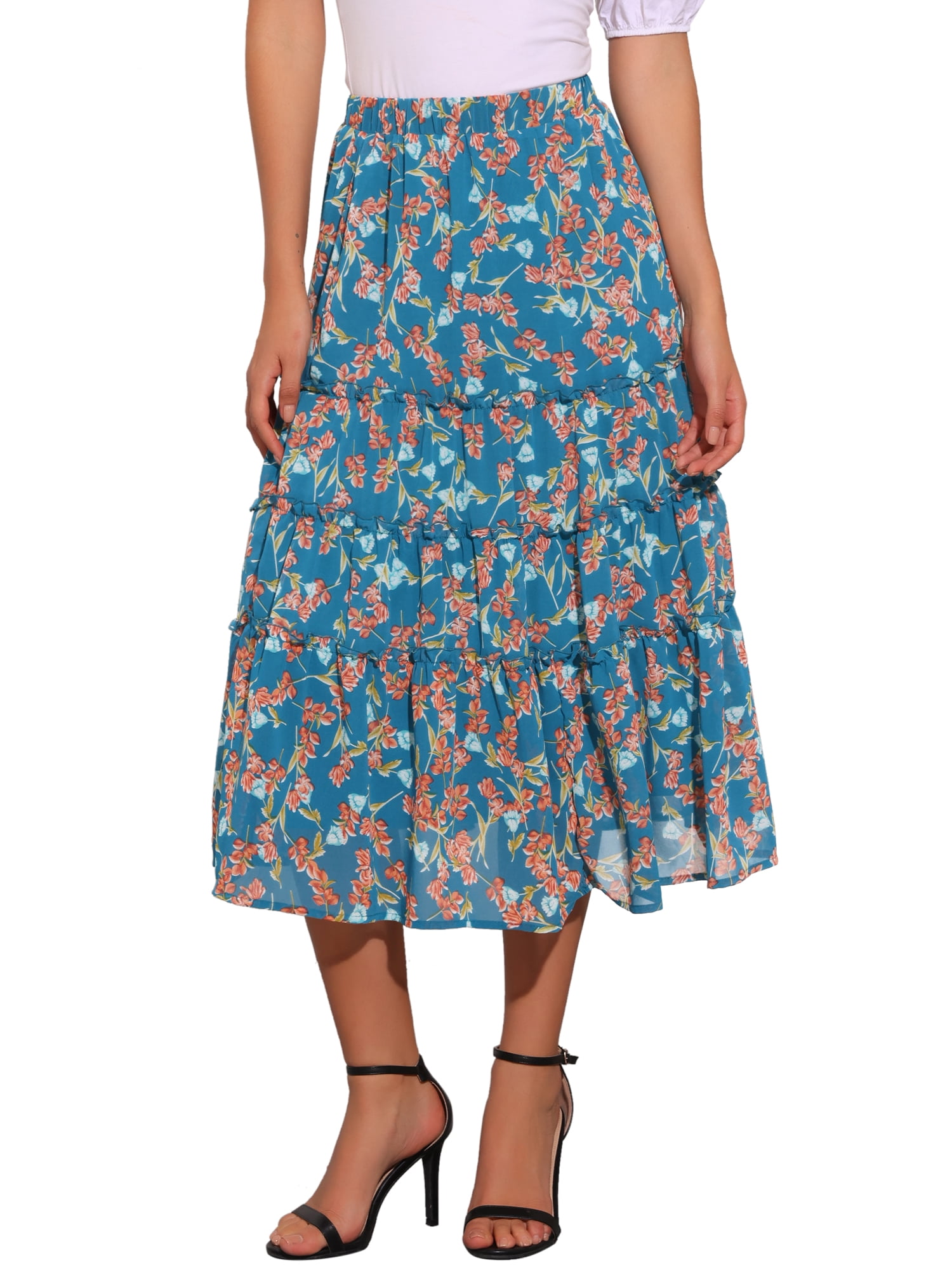 DARING DIVA Women's Chiffon Tiered A-Line Maxi Skirt S Lake Blue Flower