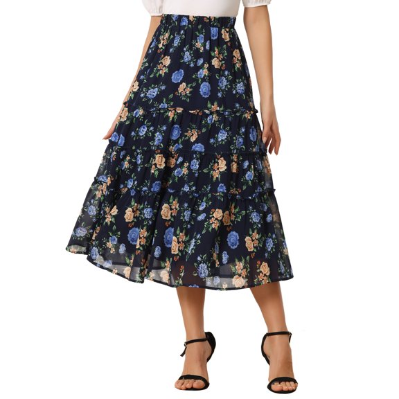 DARING DIVA Women's Chiffon Tiered A-Line Maxi Skirt S Navy