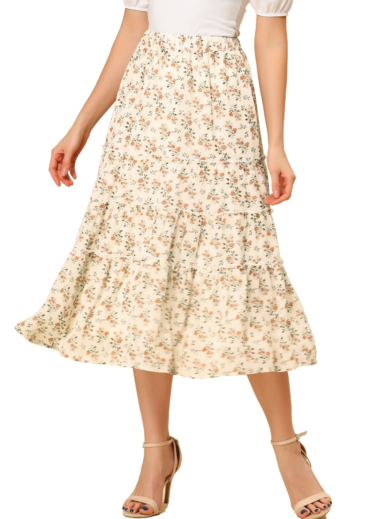 DARING DIVA Women's Chiffon Tiered A-Line Maxi Skirt S White A