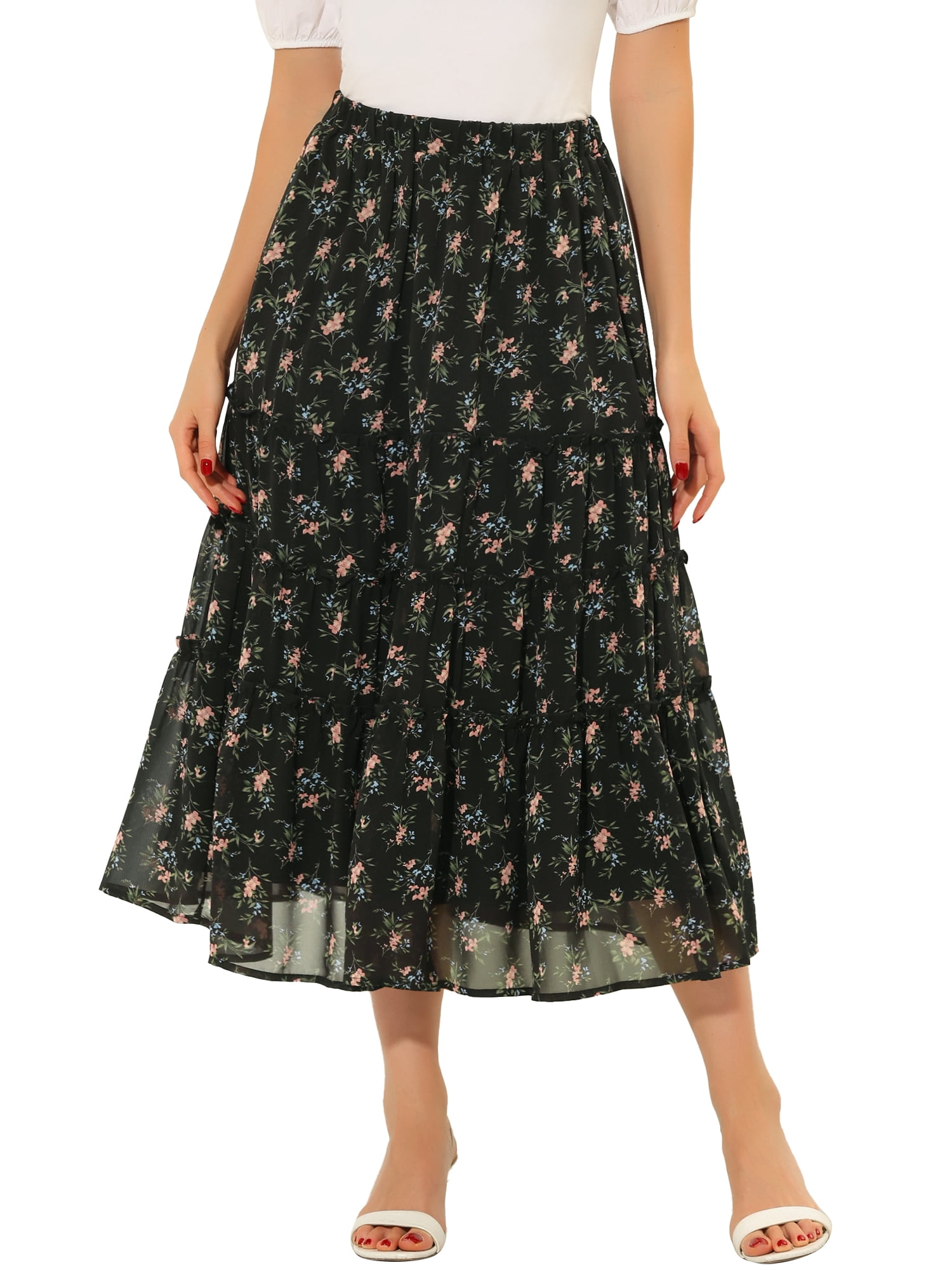 DARING DIVA Women's Chiffon Tiered A-Line Maxi Skirt XL Black A