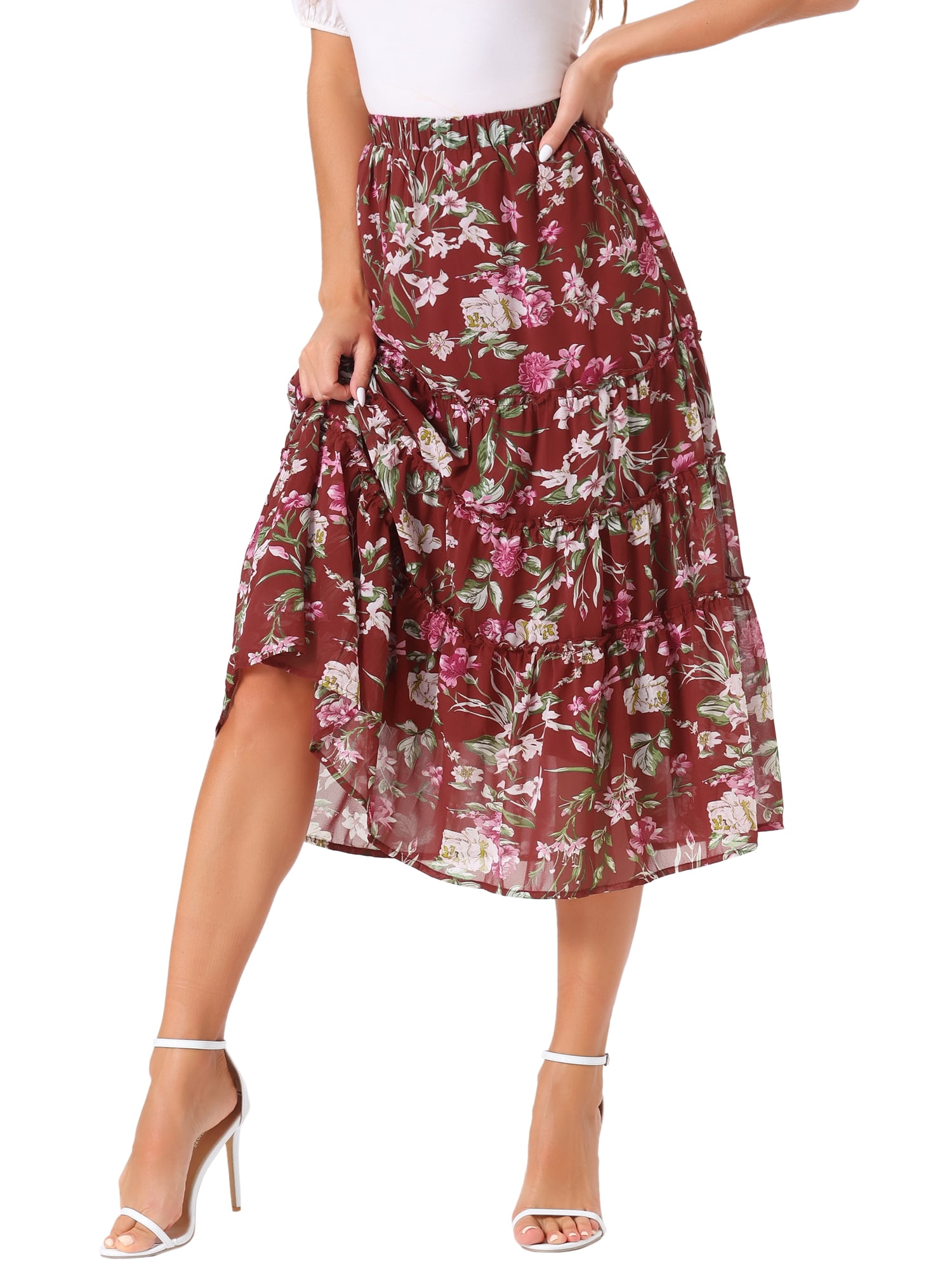 DARING DIVA Women's Chiffon Tiered A-Line Maxi Skirt XL Burgundy