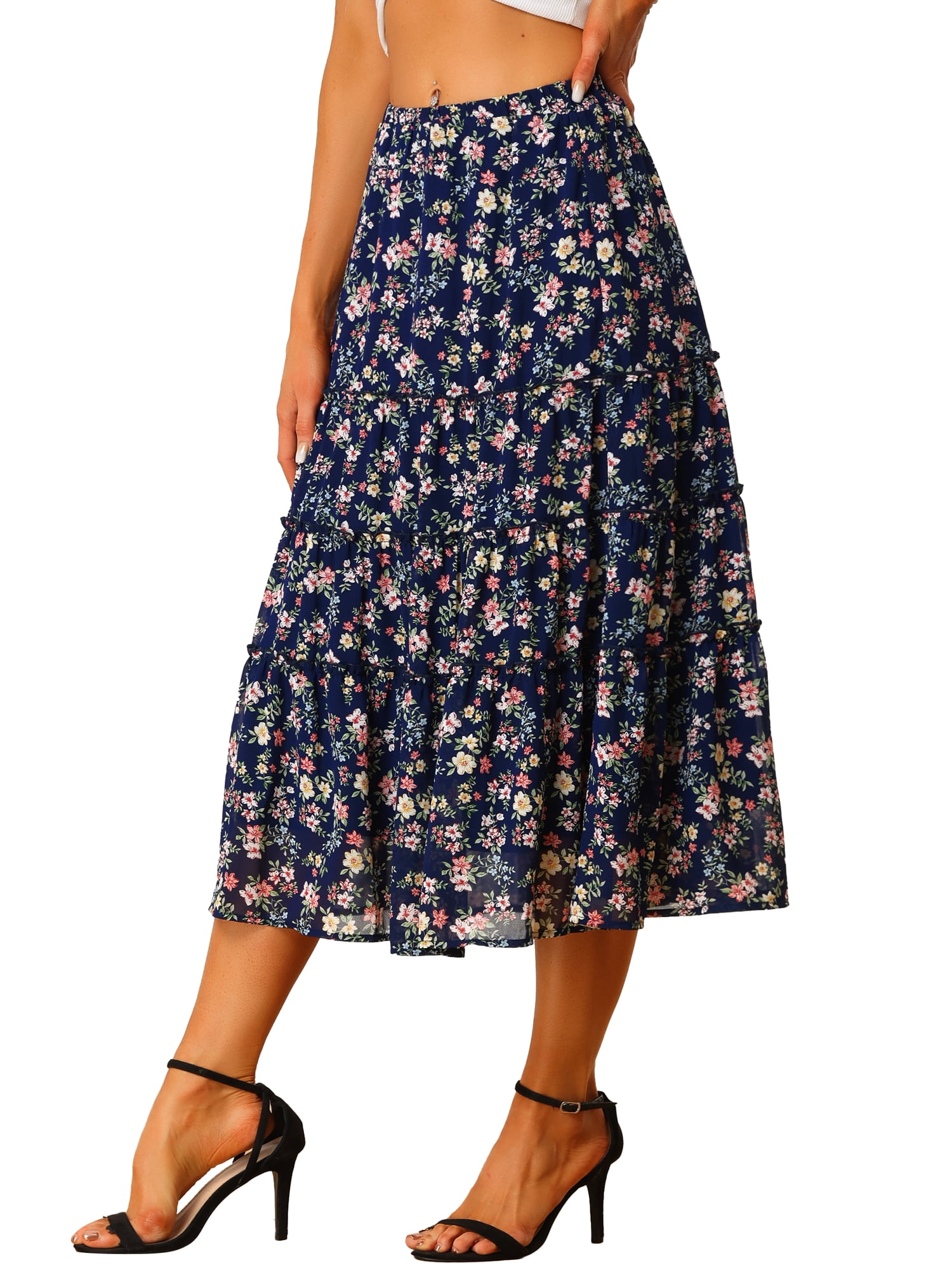 DARING DIVA Women's Chiffon Tiered A-Line Maxi Skirt XL Navy Blue
