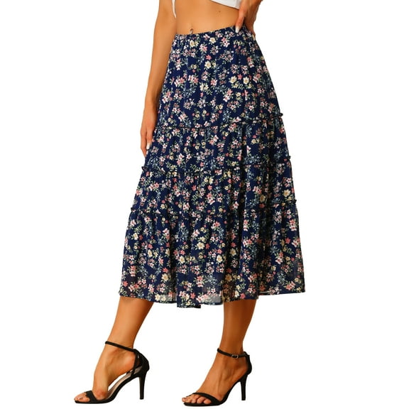 DARING DIVA Women's Chiffon Tiered A-Line Maxi Skirt XL Navy Blue