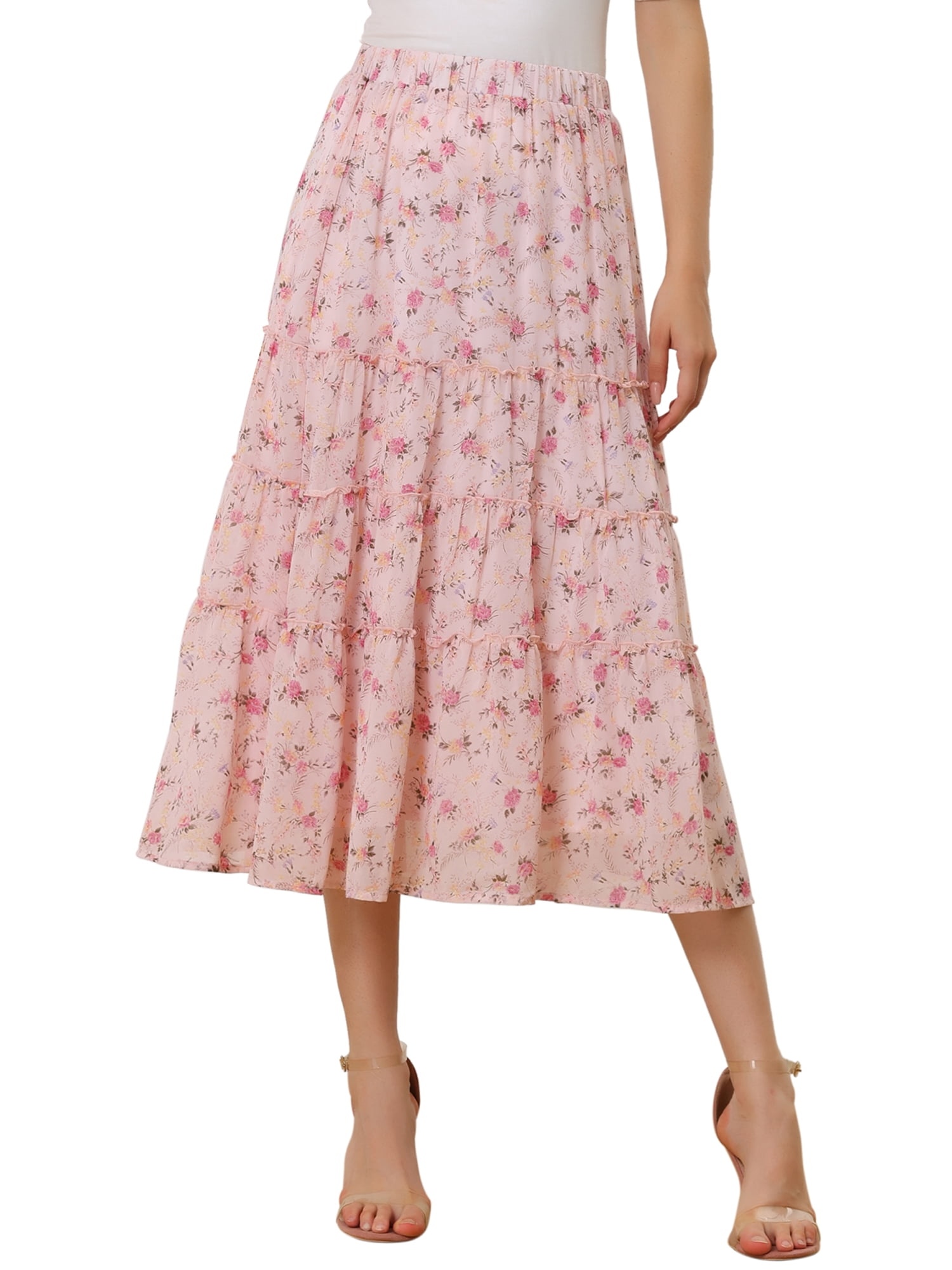 DARING DIVA Women's Chiffon Tiered A-Line Maxi Skirt XL Pink