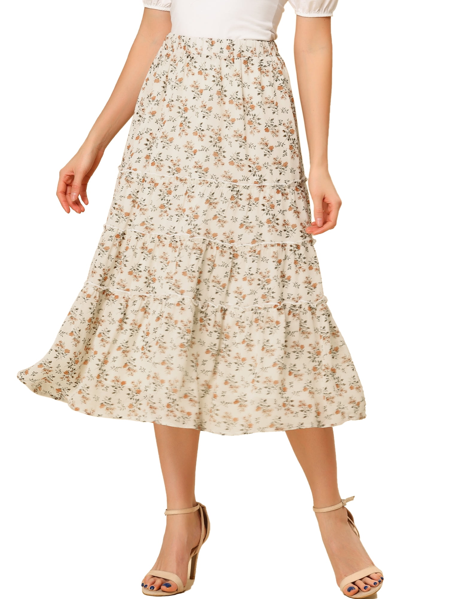 DARING DIVA Women's Chiffon Tiered A-Line Maxi Skirt XL White A