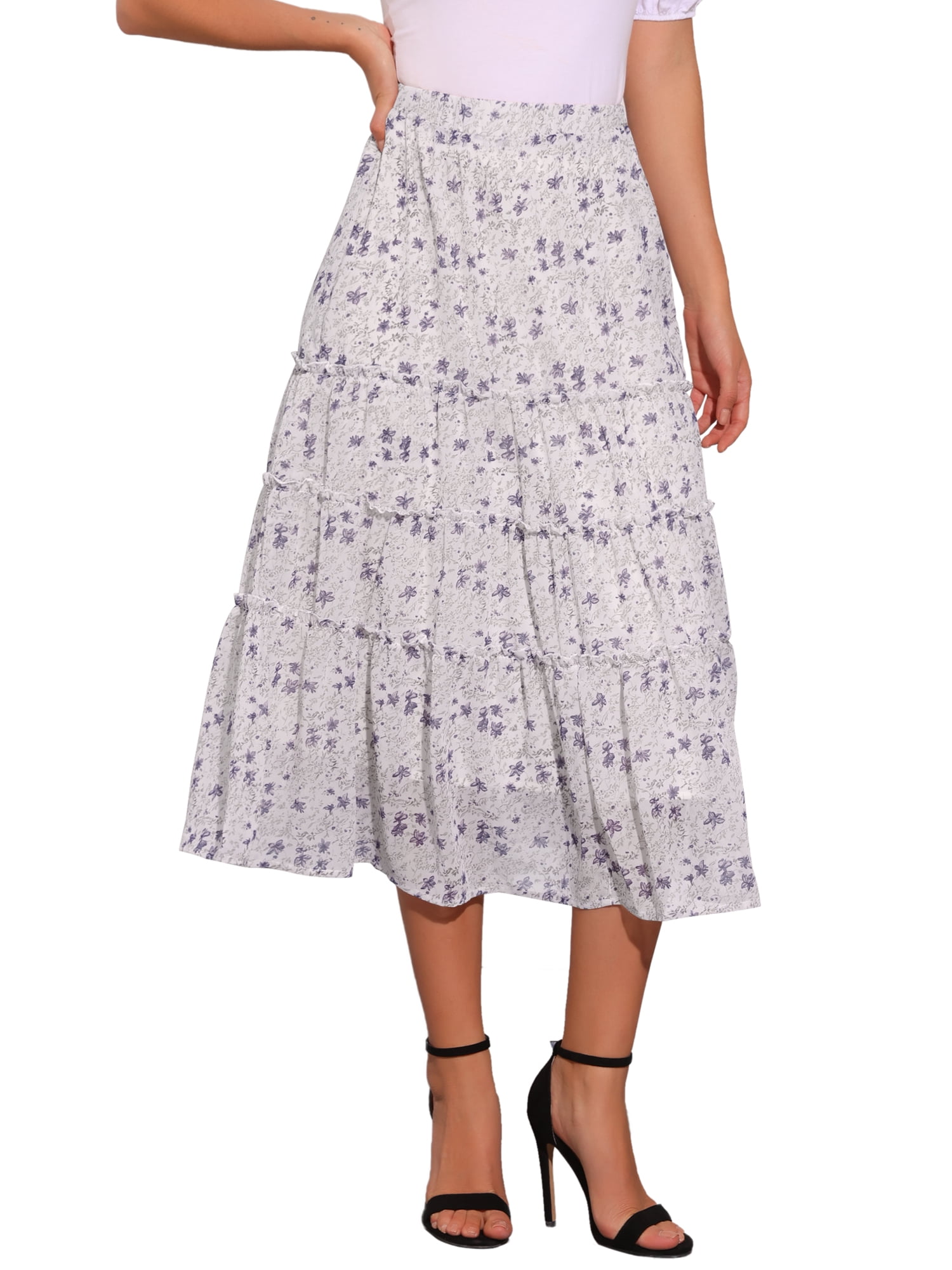 DARING DIVA Women's Chiffon Tiered A-Line Maxi Skirt XL White Flower