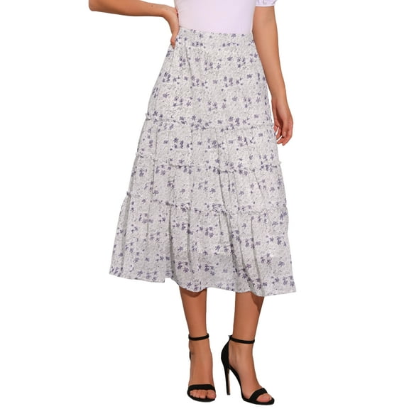 DARING DIVA Women's Chiffon Tiered A-Line Maxi Skirt XL White Flower