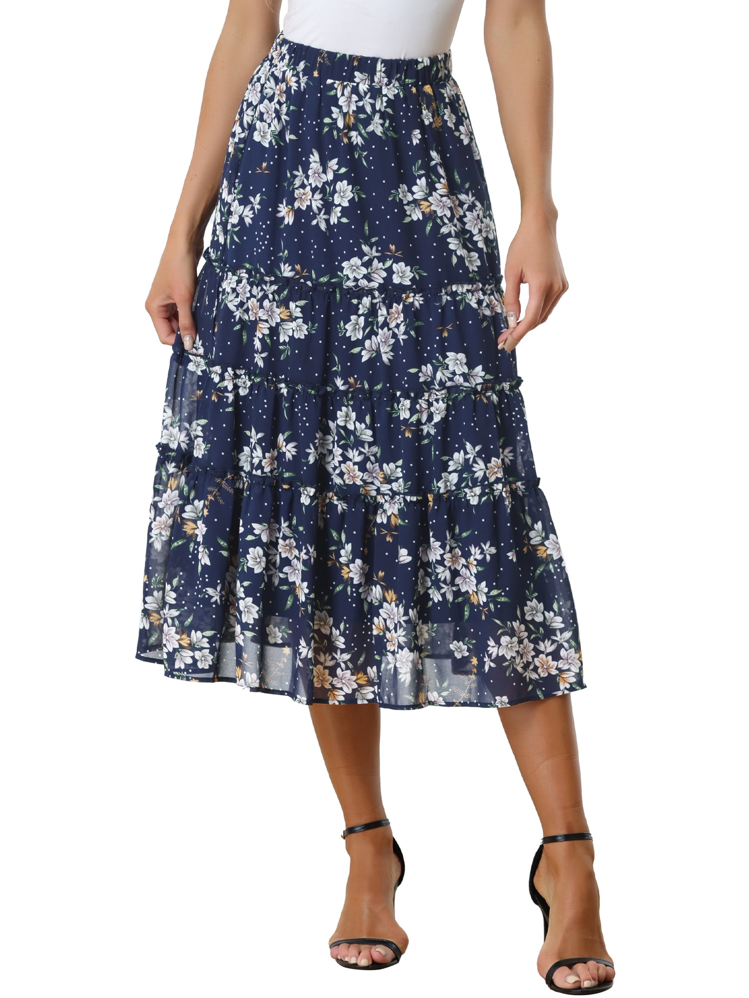 DARING DIVA Women's Chiffon Tiered A-Line Maxi Skirt XS Blue White Flower