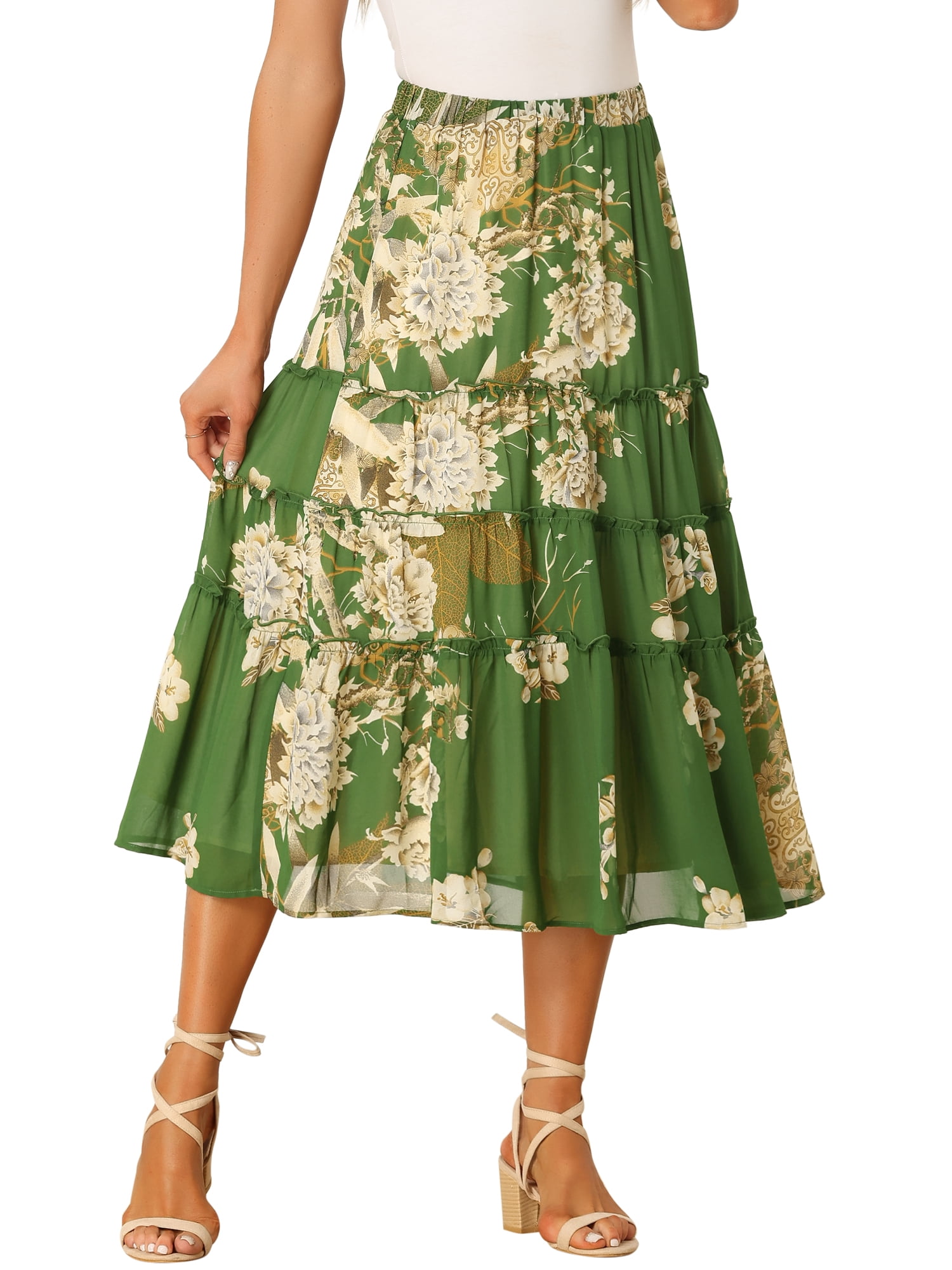 DARING DIVA Women's Chiffon Tiered A-Line Maxi Skirt XS Deep Green