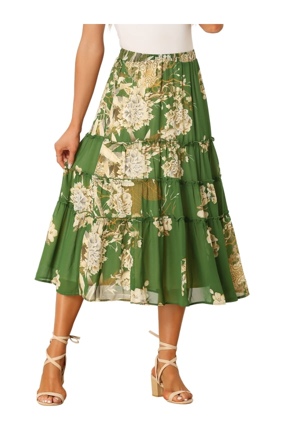 Women's Chiffon Tiered A-Line Maxi Skirt XS Deep Green