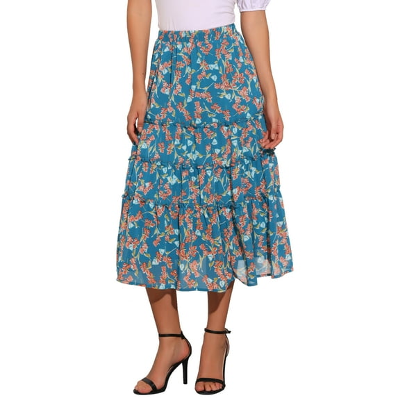 DARING DIVA Women's Chiffon Tiered A-Line Maxi Skirt XS Lake Blue Flower