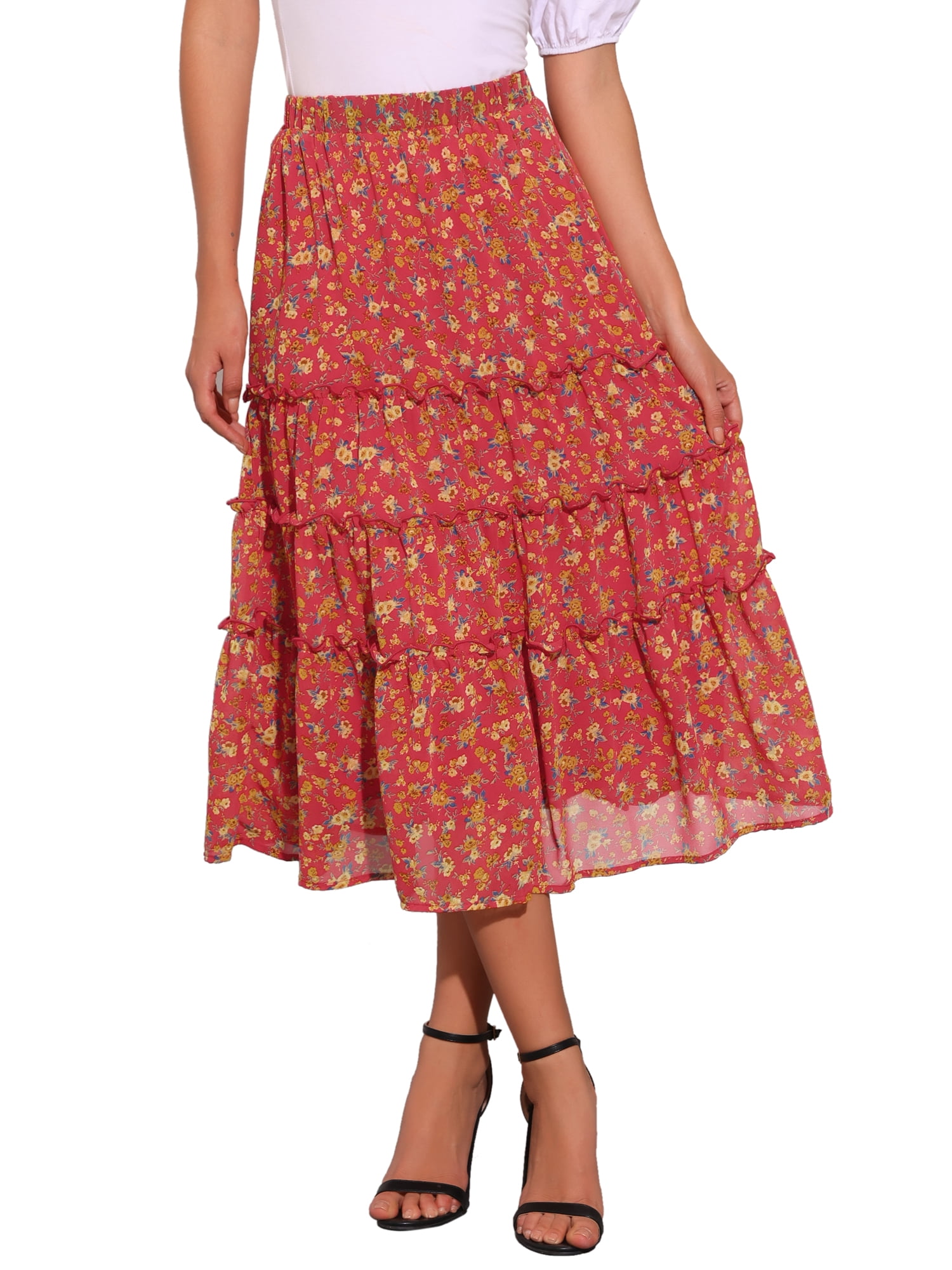 DARING DIVA Women's Chiffon Tiered A-Line Maxi Skirt XS Red Flower