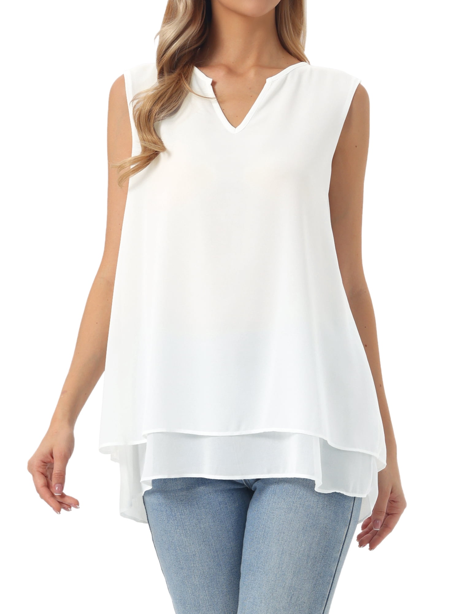 DARING DIVA Women's Chiffon V Neck Double Layer Flowy Tunic Shirts L White