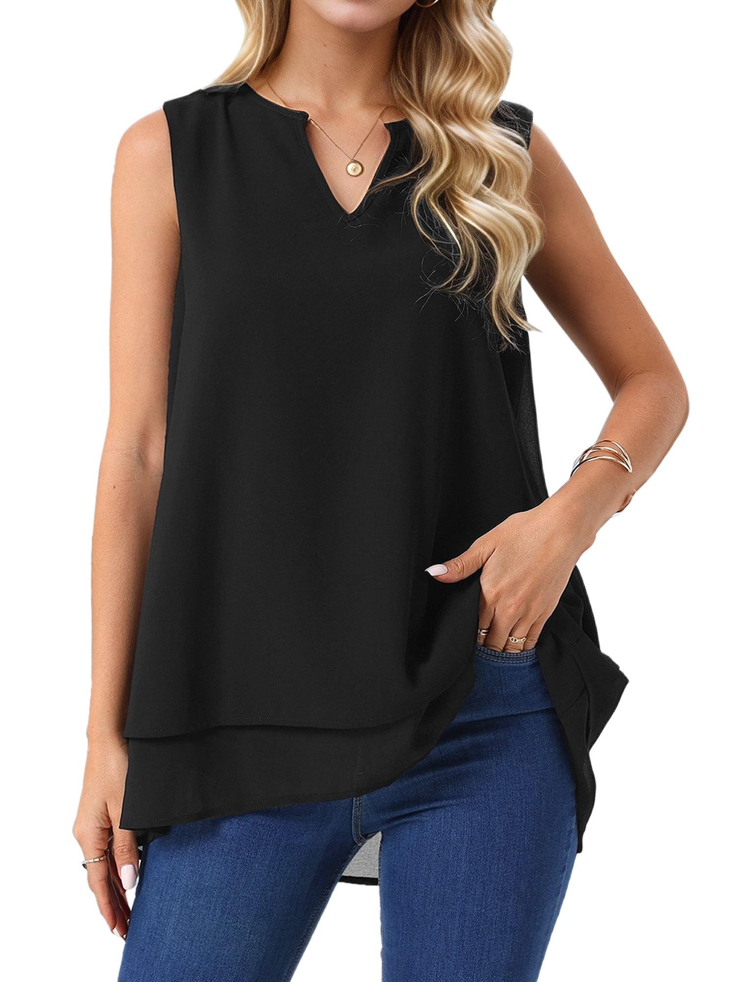 DARING DIVA Women's Chiffon V Neck Double Layer Flowy Tunic Shirts L Black