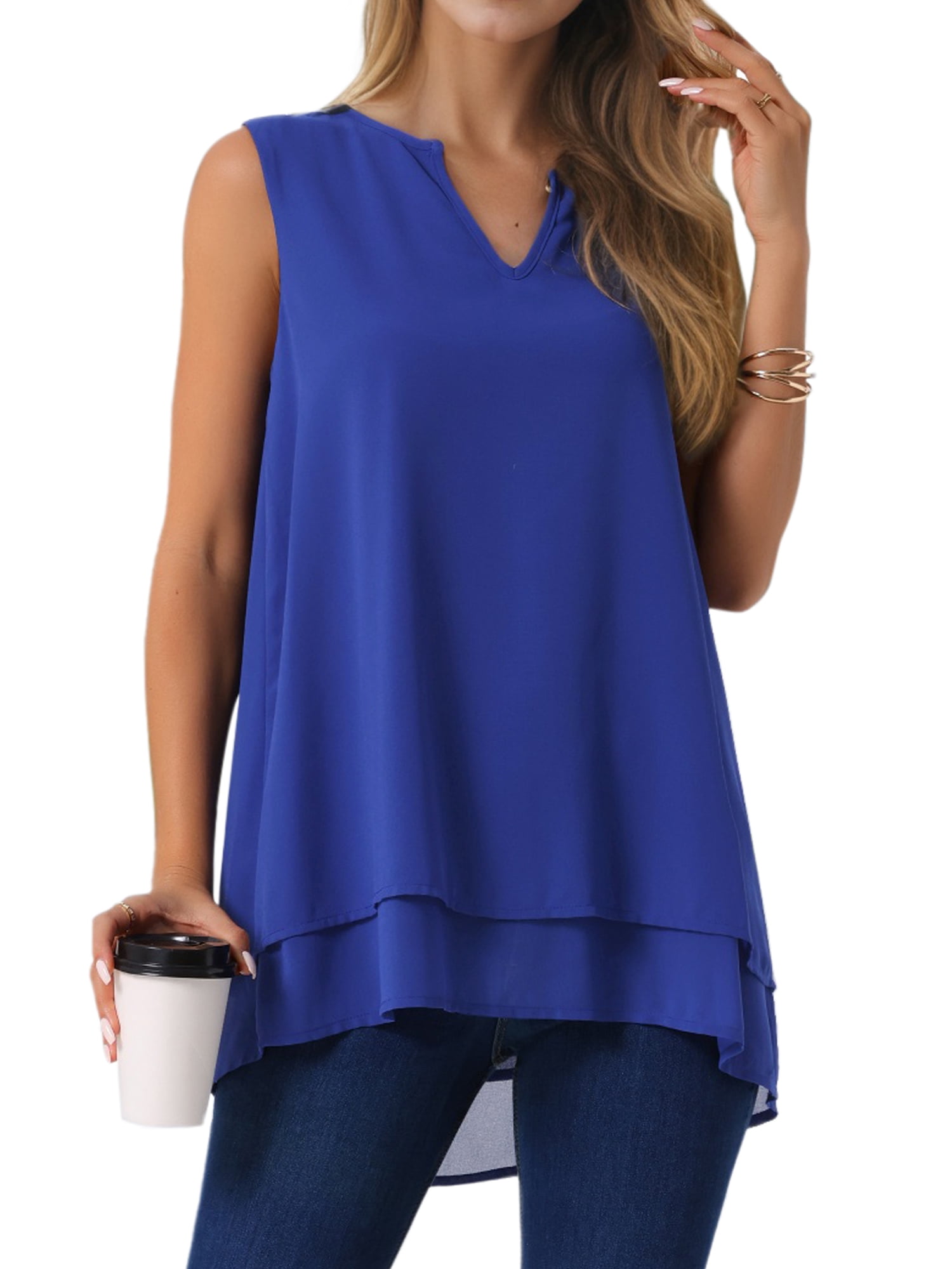 DARING DIVA Women's Chiffon V Neck Double Layer Flowy Tunic Shirts L Royal Blue