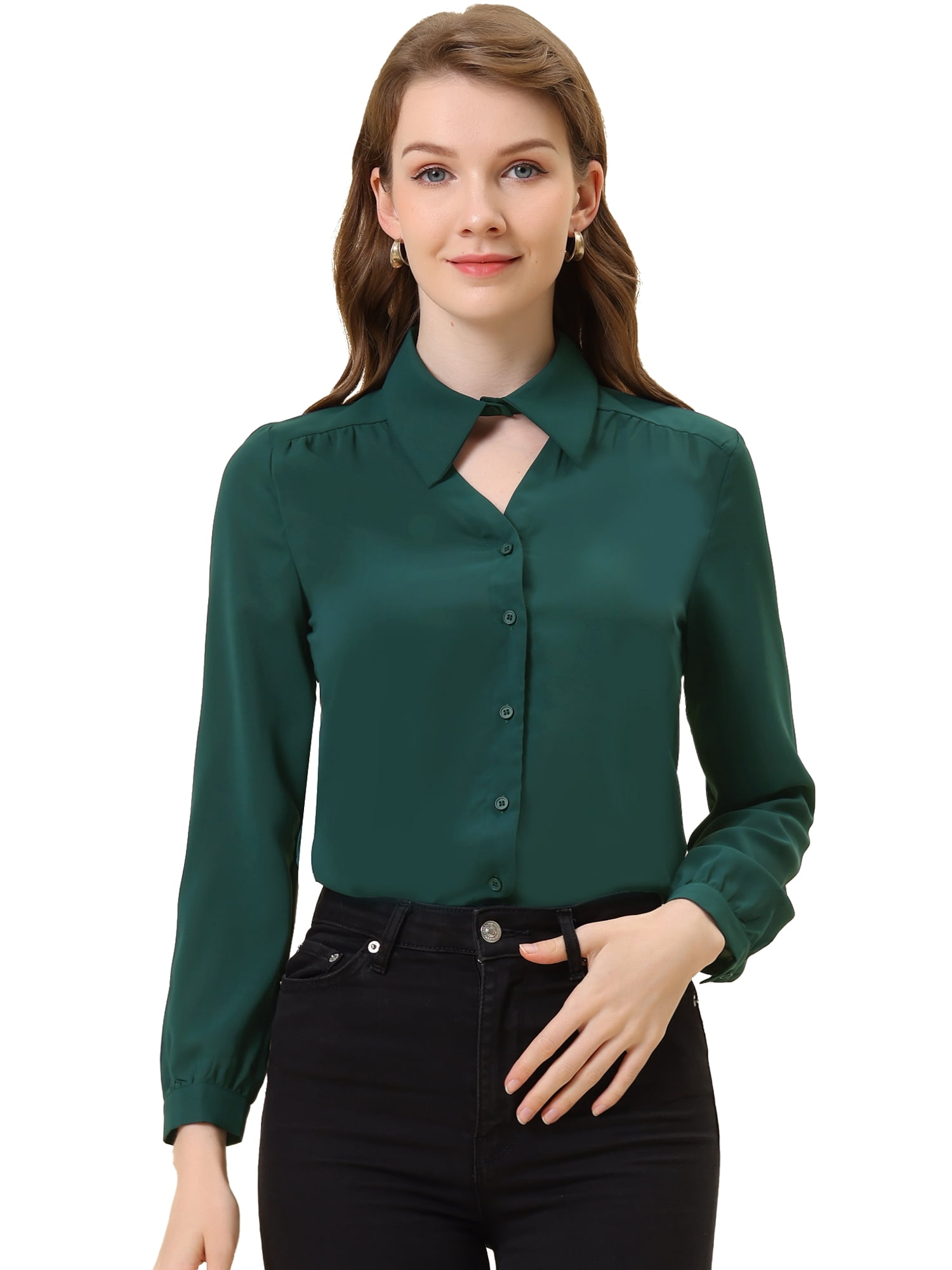 DARING DIVA Women's Choker Neck Blouse Turn Down Collar Work Shirt M Green