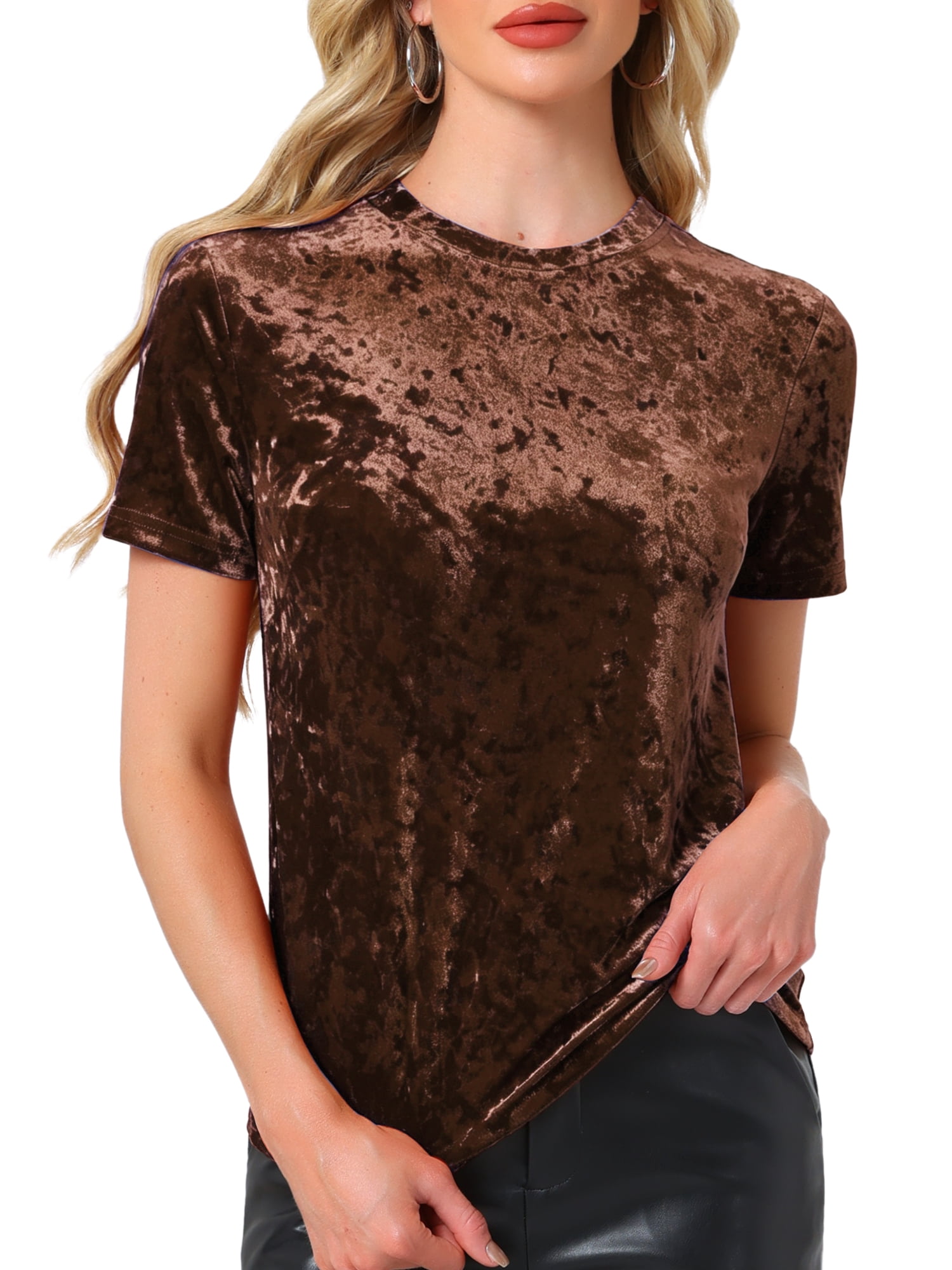DARING DIVA Women's Christmas Velvet Top Crew Neck Short Sleeve T-Shirt L Dark Brown