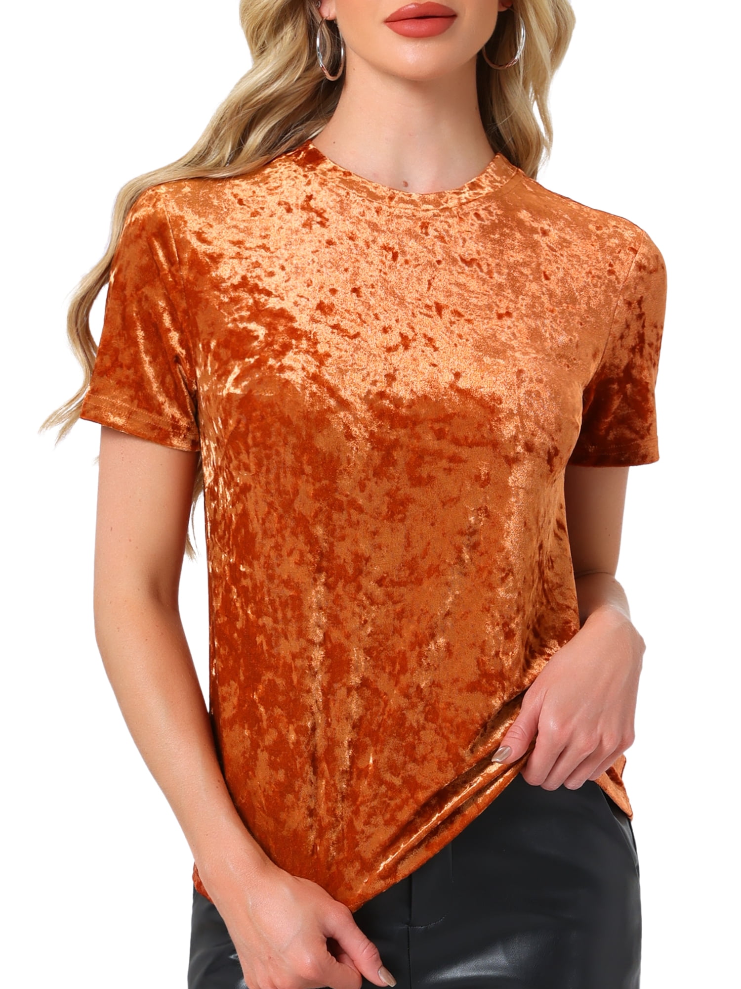 DARING DIVA Women's Christmas Velvet Top Crew Neck Short Sleeve T-Shirt M Orange Coffee