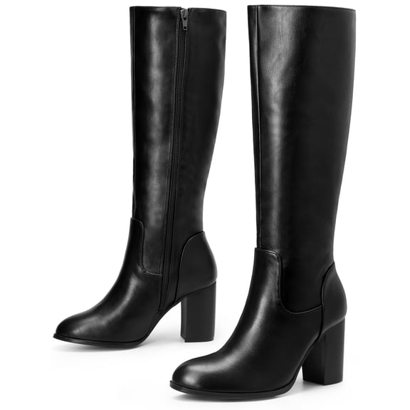 DARING DIVA Women's Chunky Block Heels Knee High Boots Black 7
