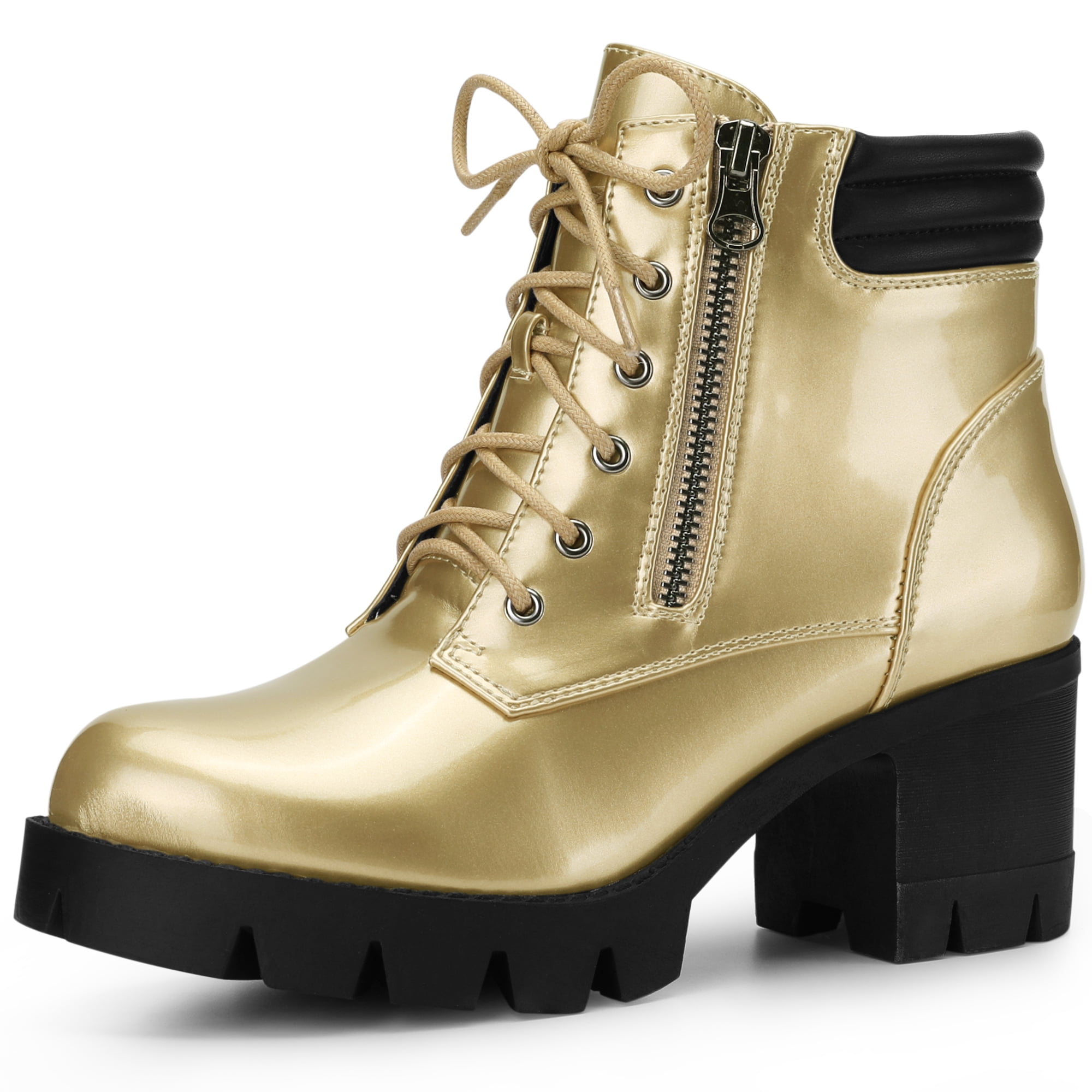 DARING DIVA Women's Chunky Heel Lace Up Zipper Combat Boots Gold US 7