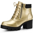 thumbnail image 1 of DARING DIVA Women's Chunky Heel Lace Up Zipper Combat Boots Gold US 8, 1 of 6