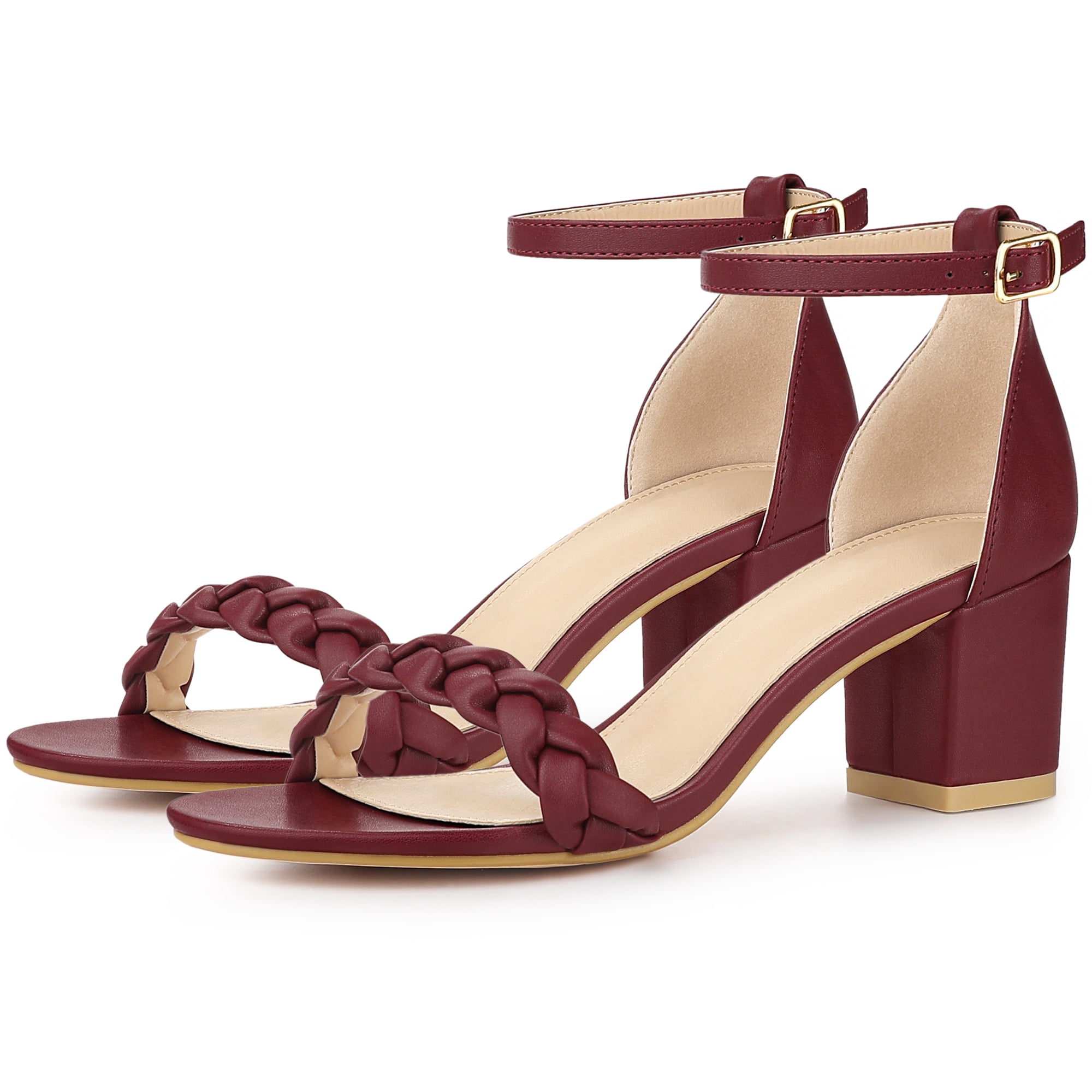 DARING DIVA Women's Chunky Heels Ankle Strap Braided Heel Black Sandals Burgundy 10