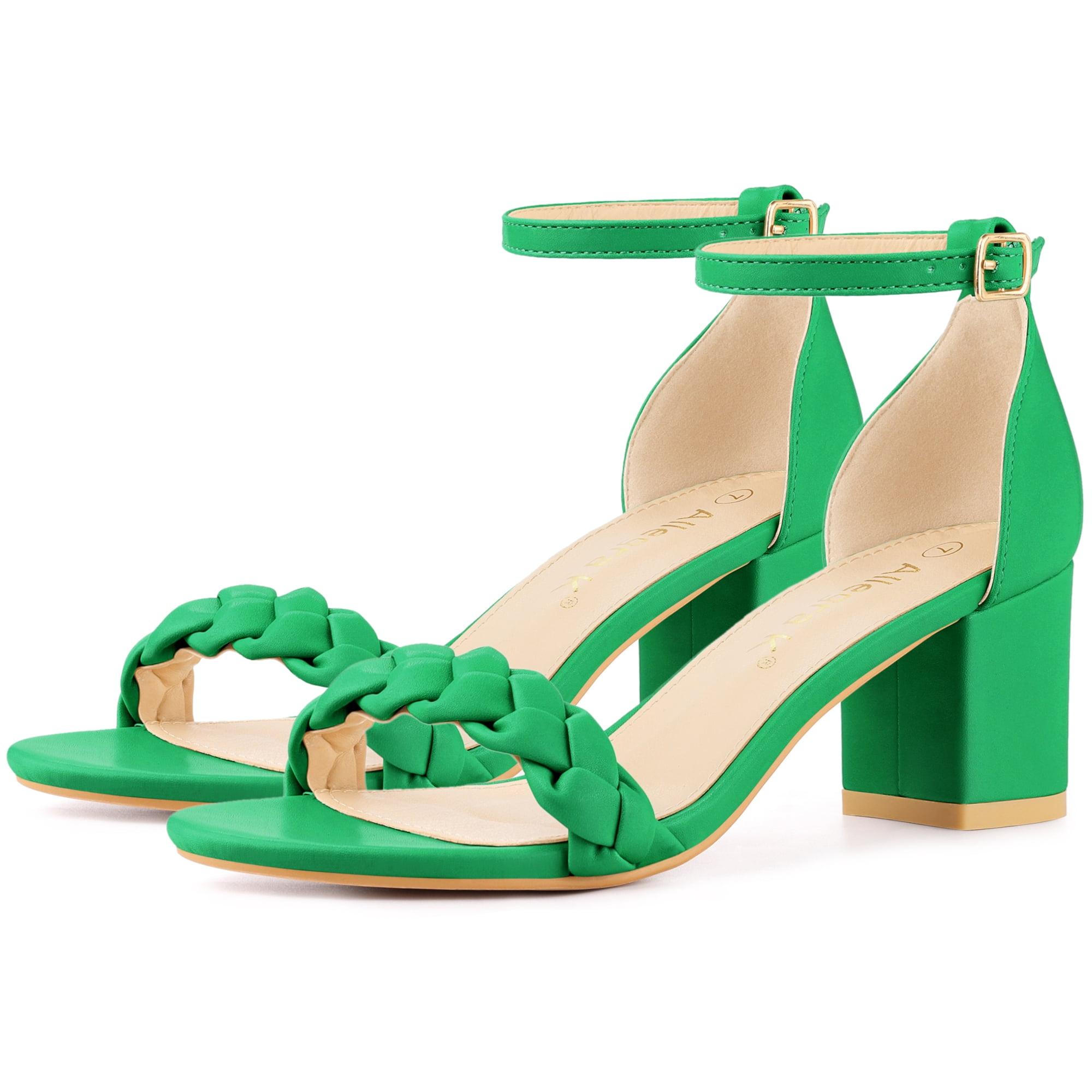 DARING DIVA Women's Chunky Heels Ankle Strap Braided Heel Black Sandals Green 10