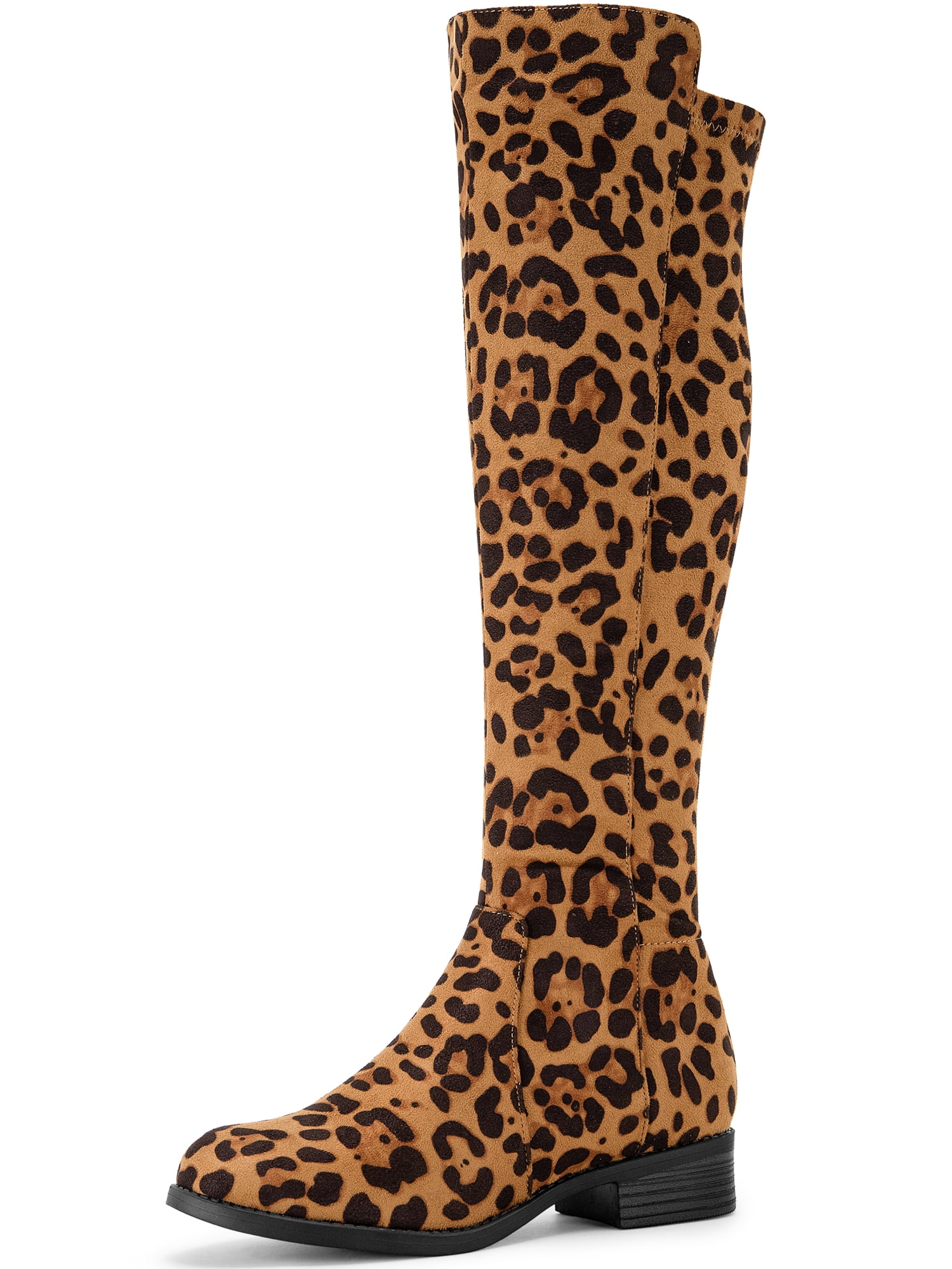 DARING DIVA Women's Chunky Heels Side Zipper Round Toe Knee High Boots Leopard 9