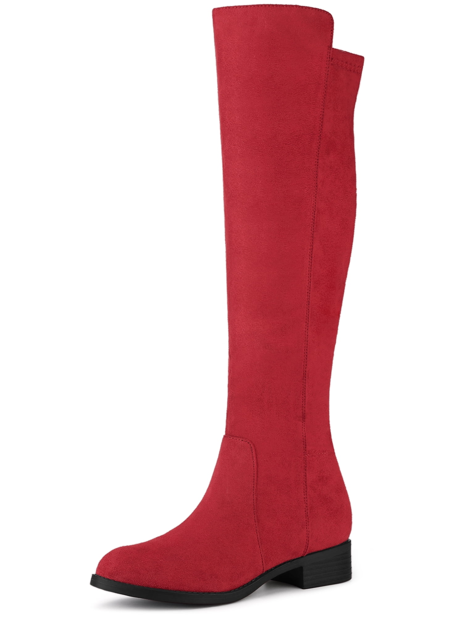 DARING DIVA Women's Chunky Heels Side Zipper Round Toe Knee High Boots Red 7