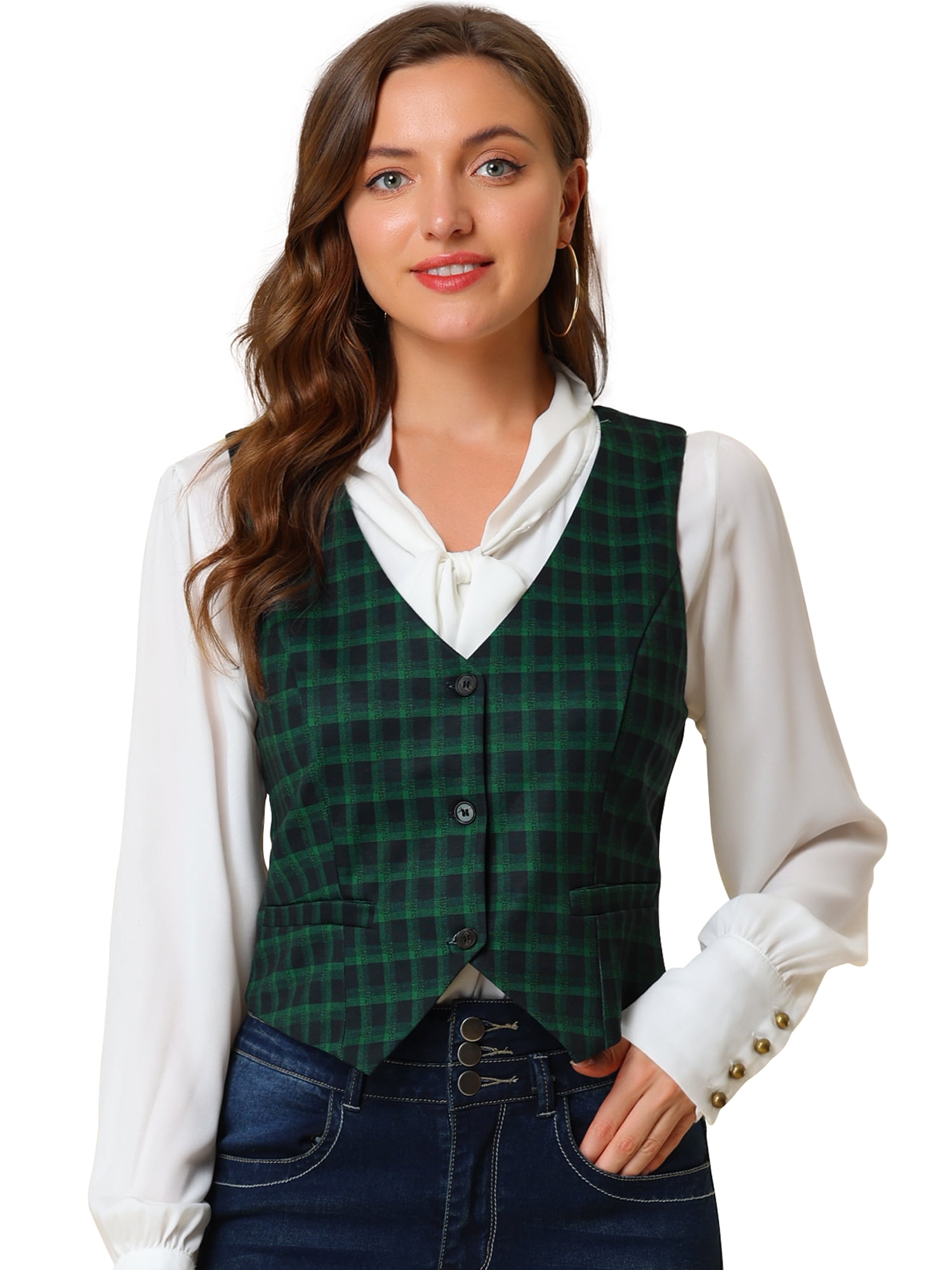 DARING DIVA Women's Cinched Waist Asymmetric Stretchy Plaid Jacket L Green