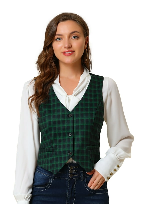 Women's Cinched Waist Asymmetric Stretchy Plaid Jacket L Green