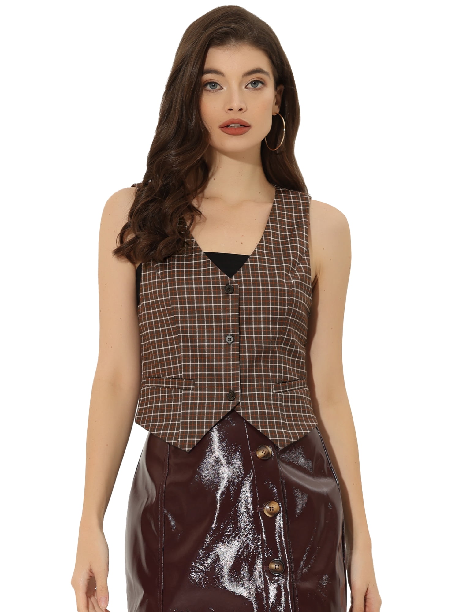 DARING DIVA Women's Cinched Waist Asymmetric Stretchy Plaid Jacket XL Brown