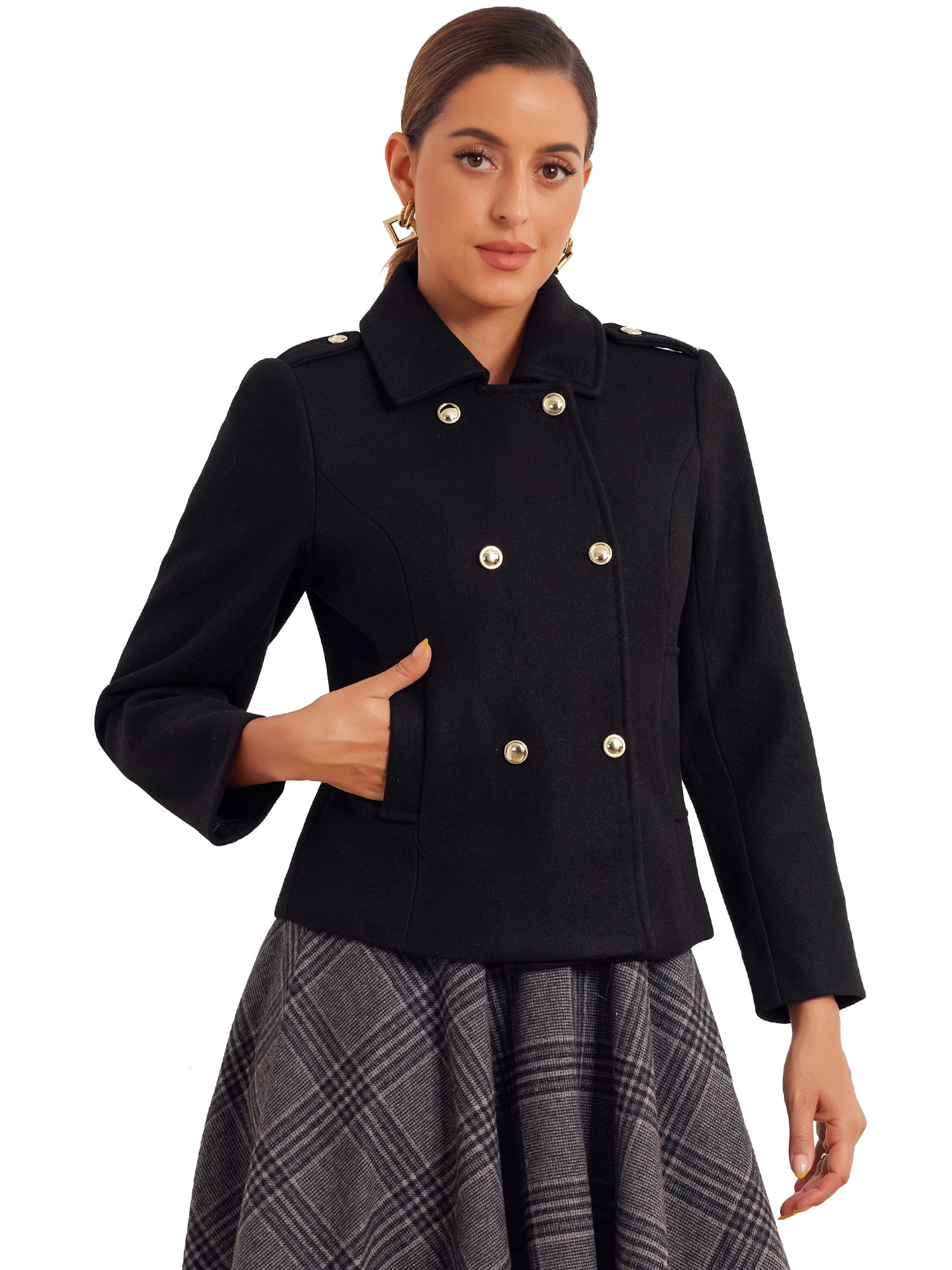 DARING DIVA Women's Classic Collar Double Breasted Winter Pea Coat Black S