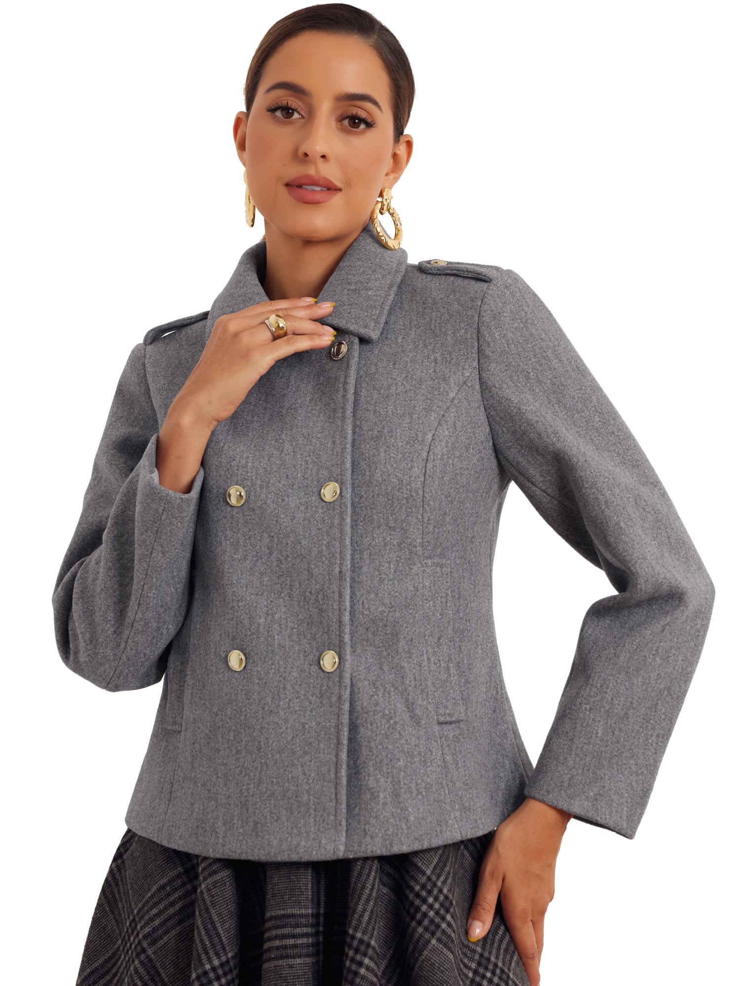 DARING DIVA Women's Classic Collar Double Breasted Winter Pea Coat Gray M